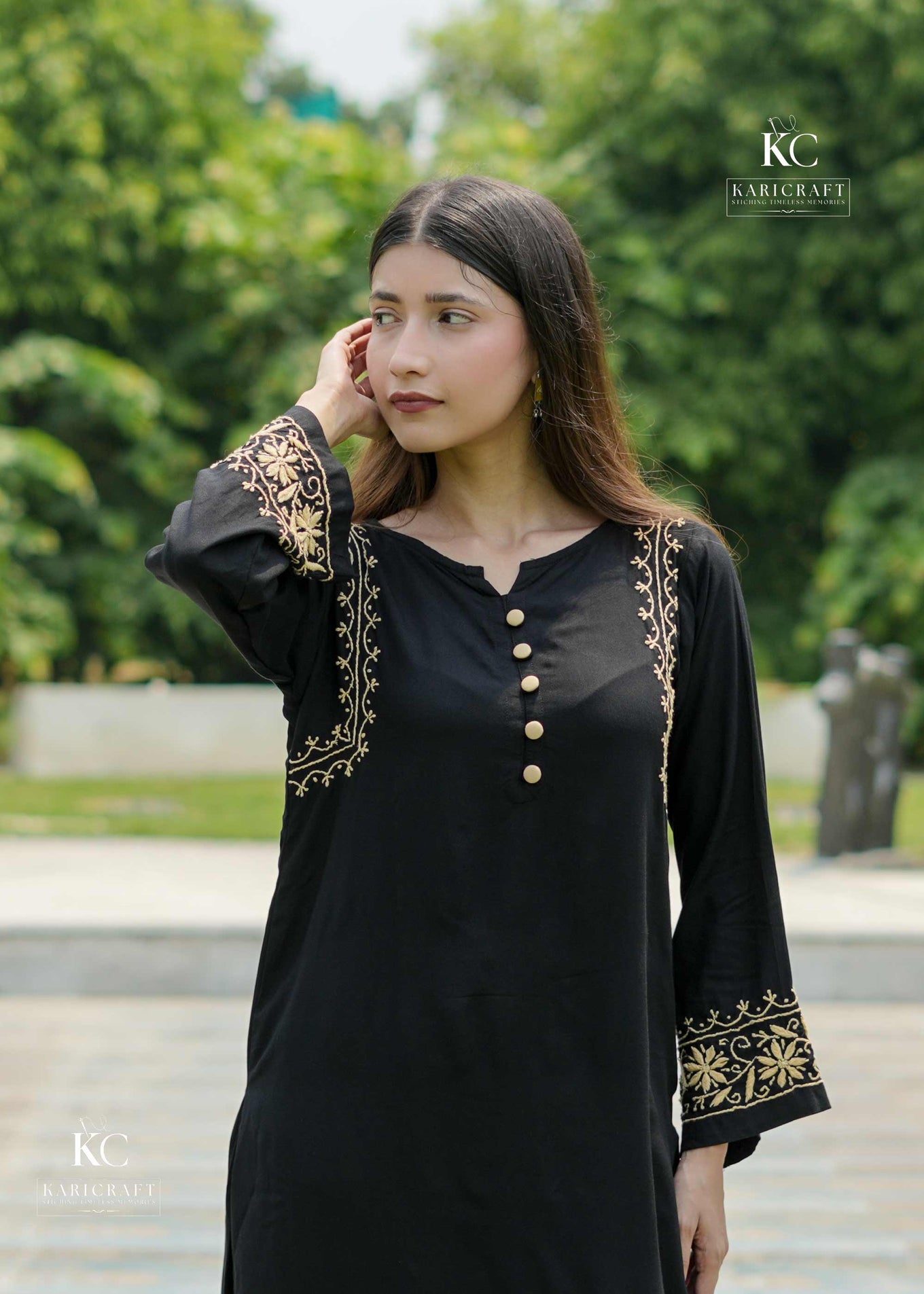 Black Luxury Rayon Chikankari Kurta Dress – Front View