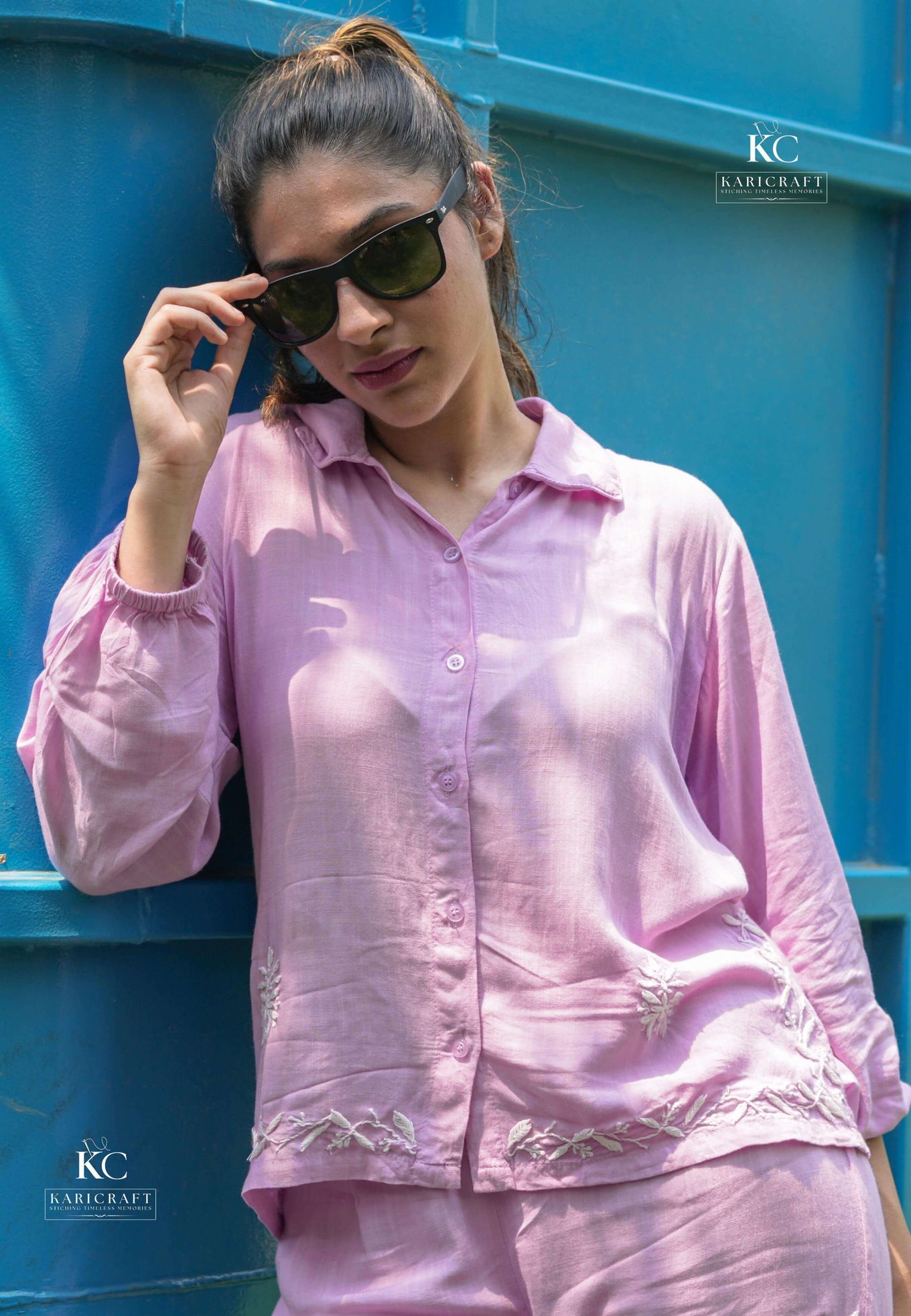 Lilac Chikankari co-ord set – shirt and shorts front view