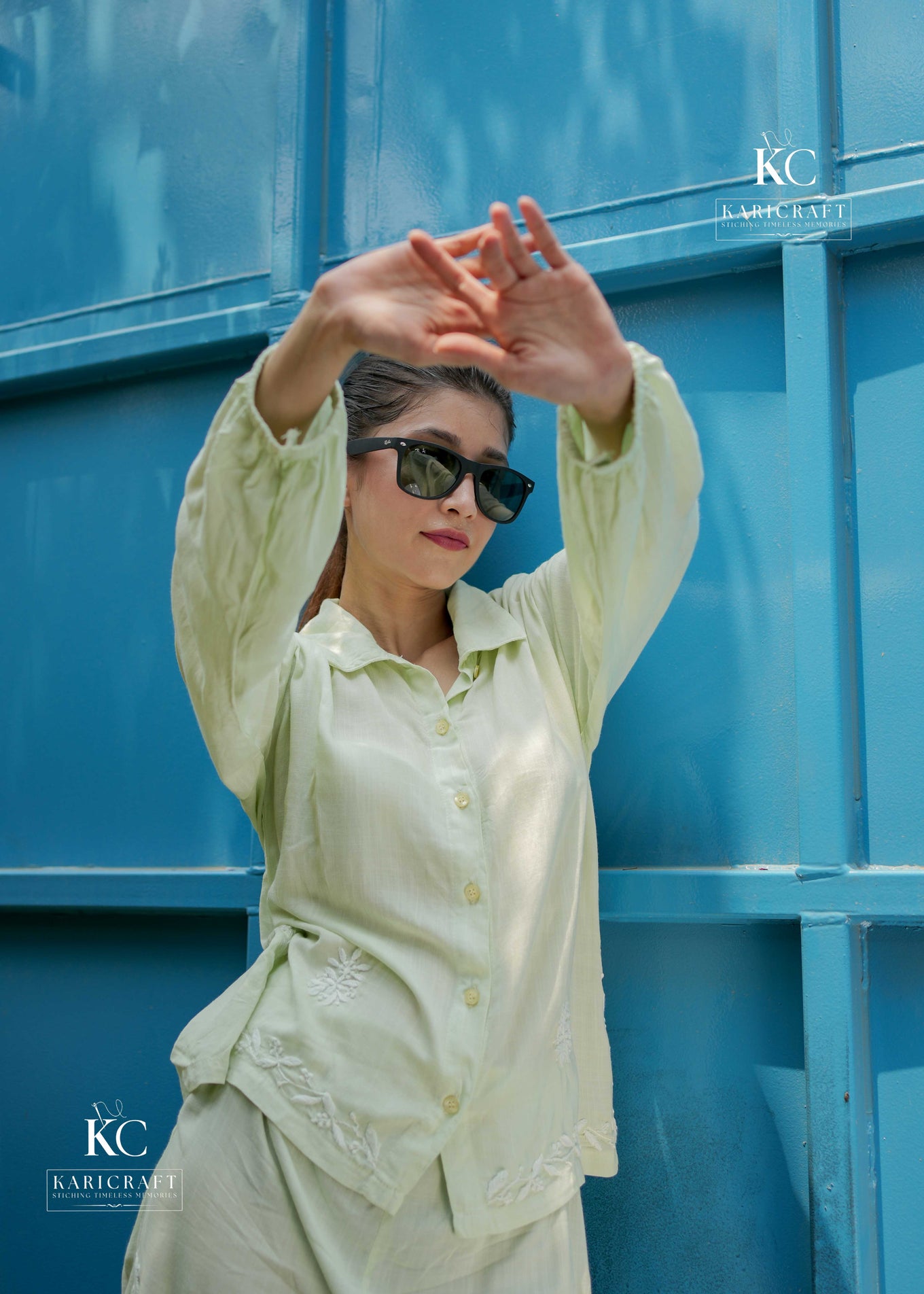 Pastel green Chikankari co-ord set – shirt and shorts front view