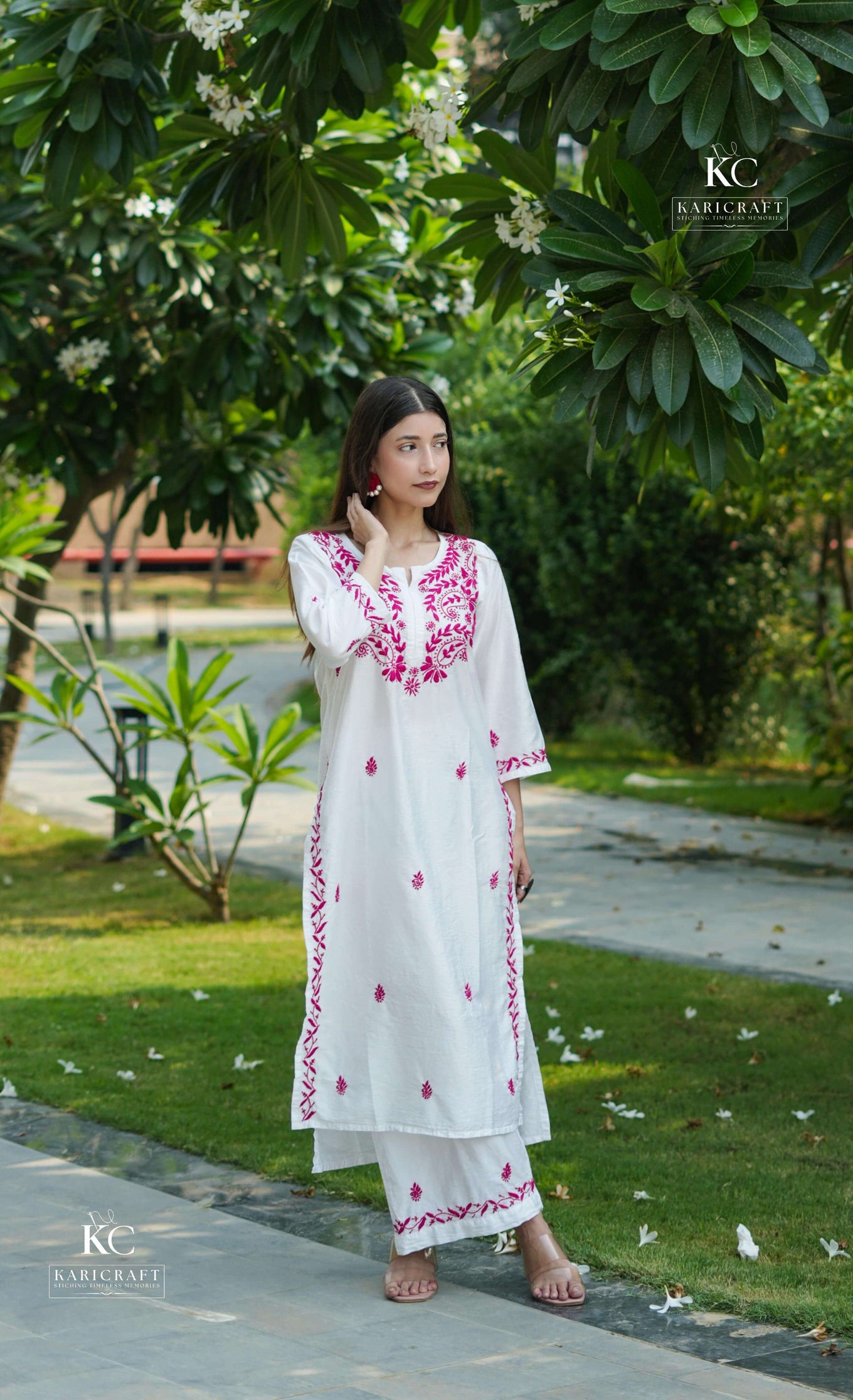 Front view of White Chikankari Kurta Set in Chanderi fabric