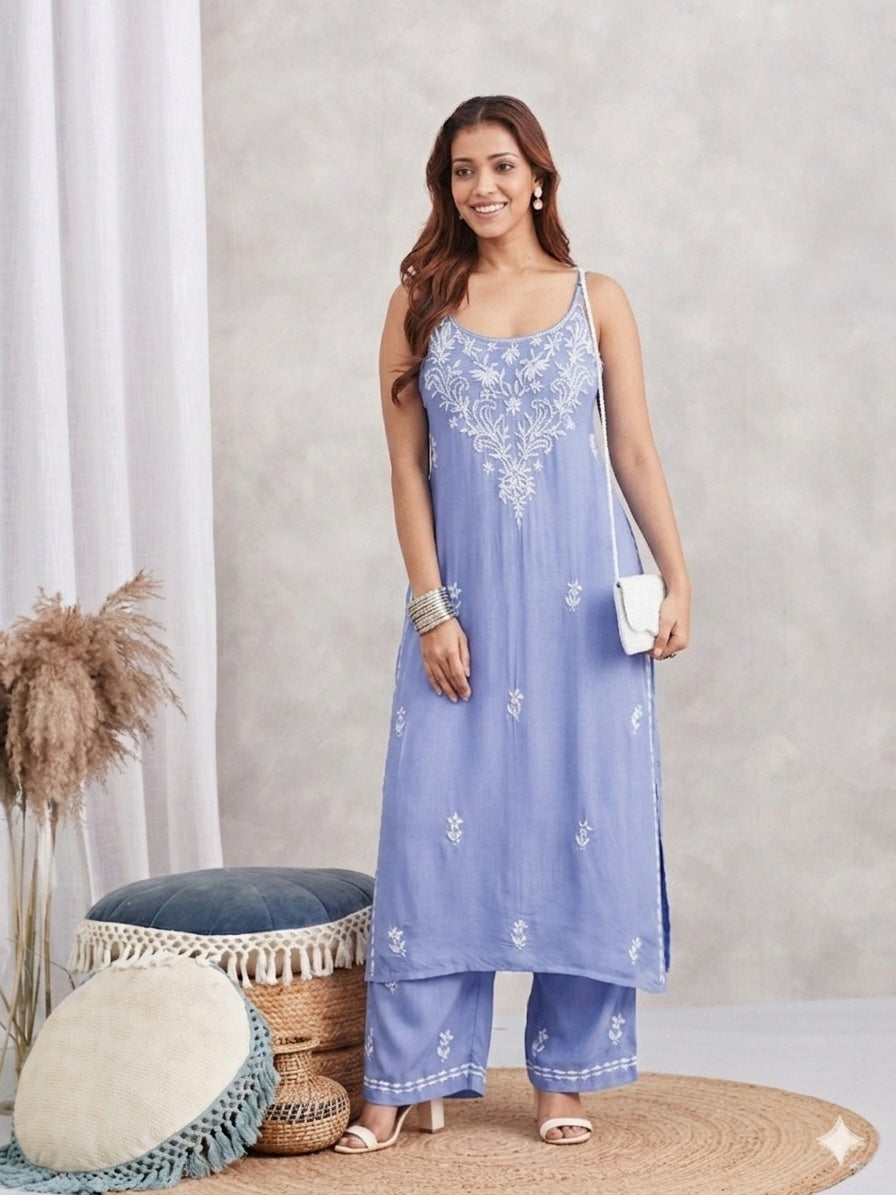 Modal Strappy Chikankari Kurta & Palazzo Set - blue
