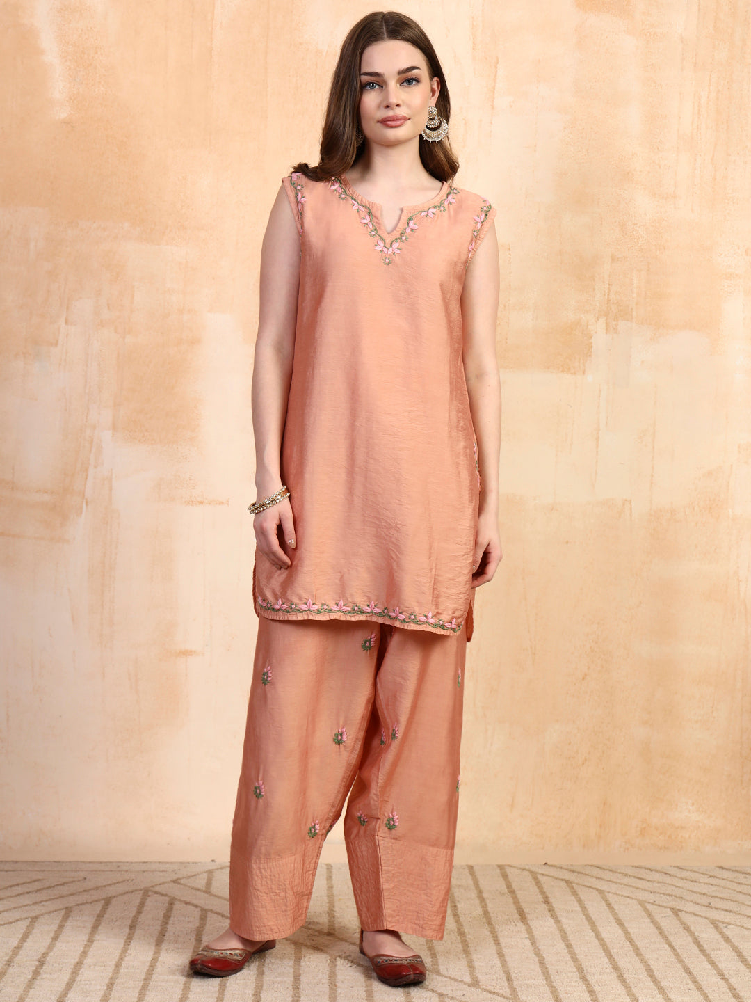 Rose gold chanderi chikankari kurta with farsi salwar by Karicraft