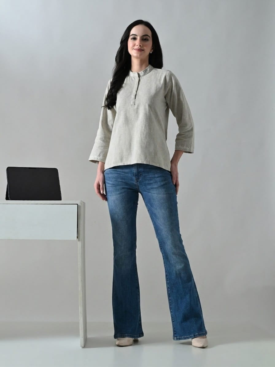 Linen Chikankari Top- Beige