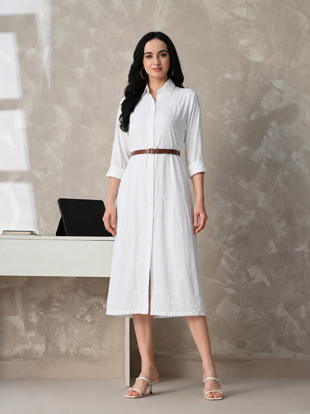 The Weekender White Chikankari Shirt Dress with Belt