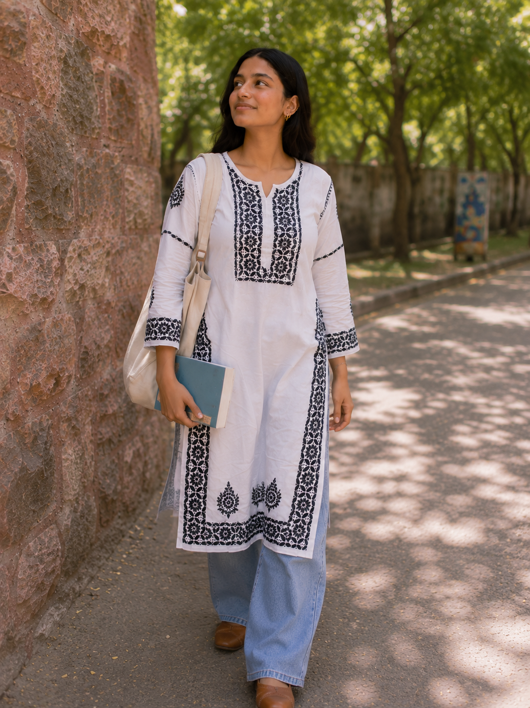 White luxury rayon hand-embroidered chikankari kurta by Karicraft