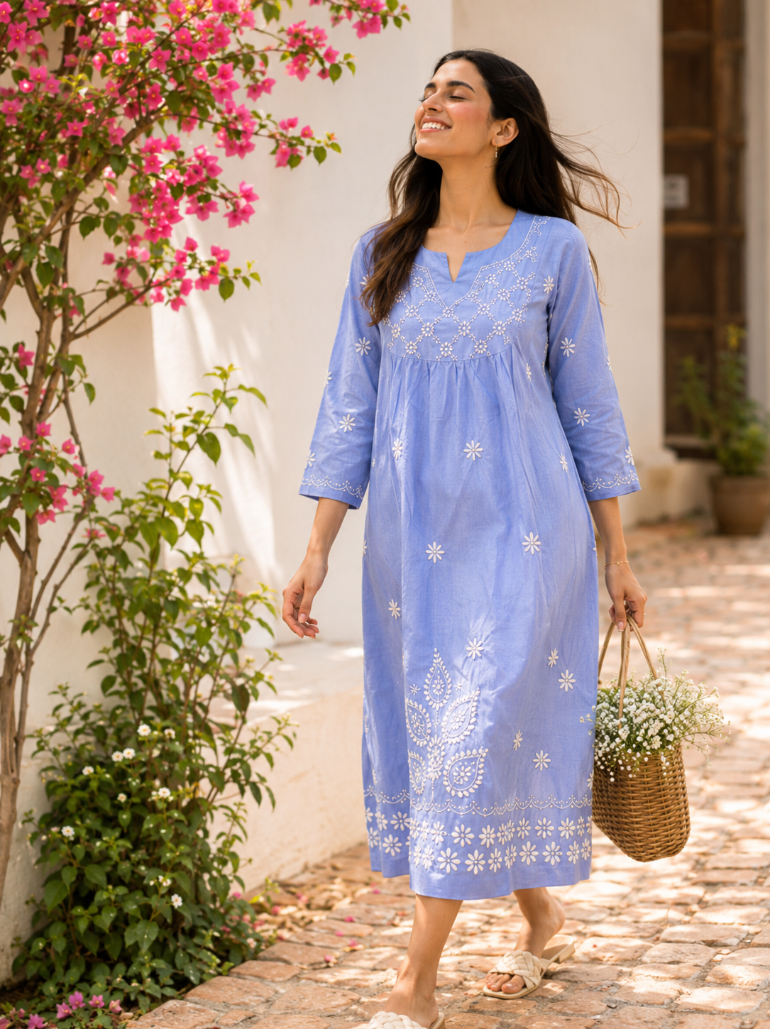 Blue chambray chikankari A-line midi dress by Karicraft