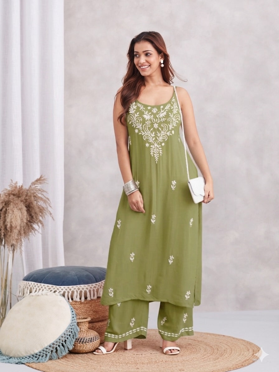Modal Strappy Chikankari Kurta & Palazzo Set - green