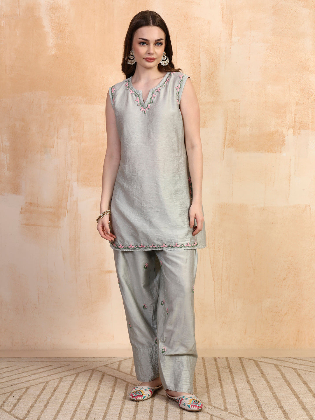 Sage green chanderi chikankari kurta with farsi salwar by Karicraft