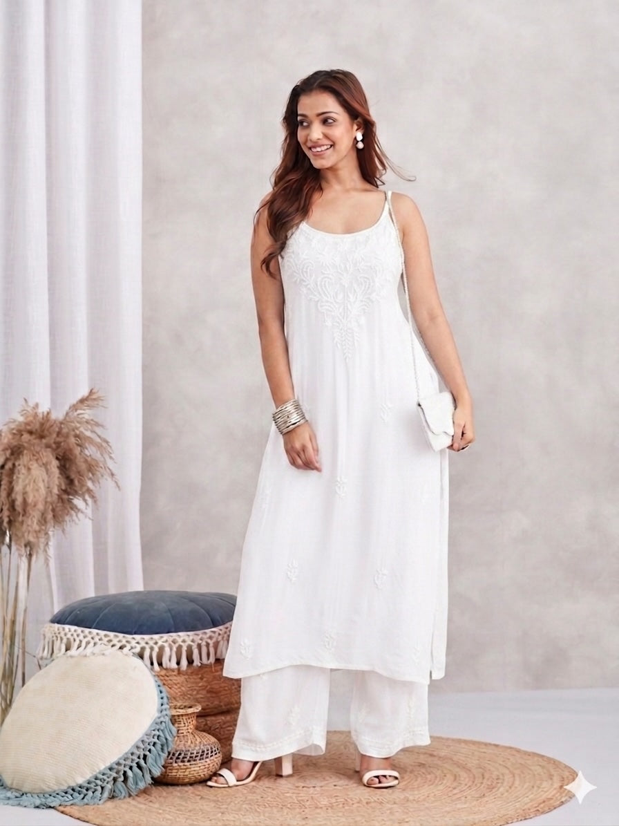 Modal Strappy Chikankari Kurta & Palazzo Set - white