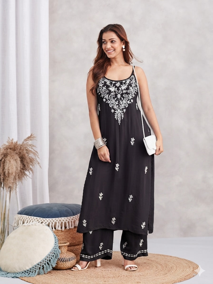Modal Strappy Chikankari Kurta & Palazzo Set - black