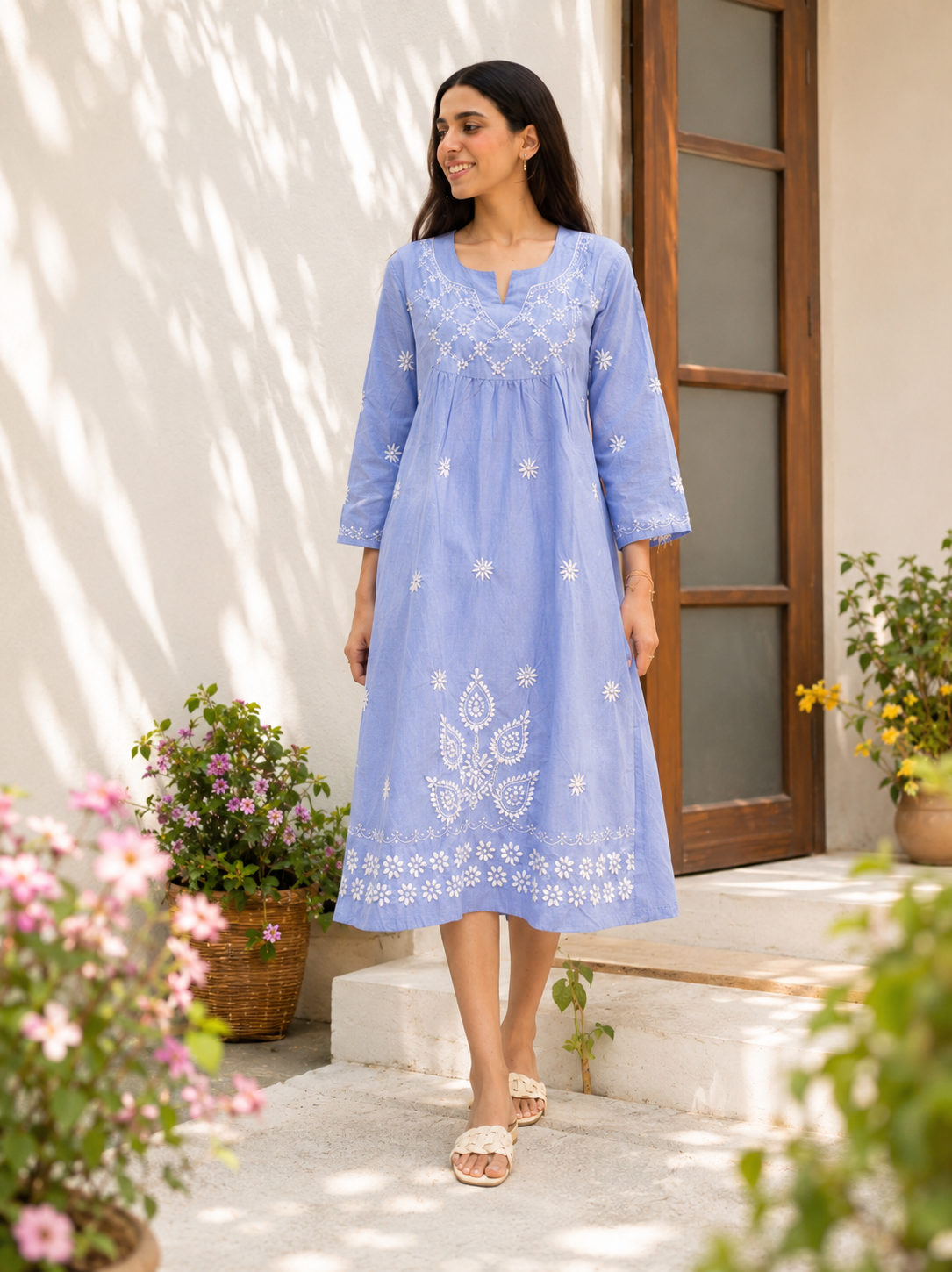 Blue chambray chikankari A-line midi dress by Karicraft
