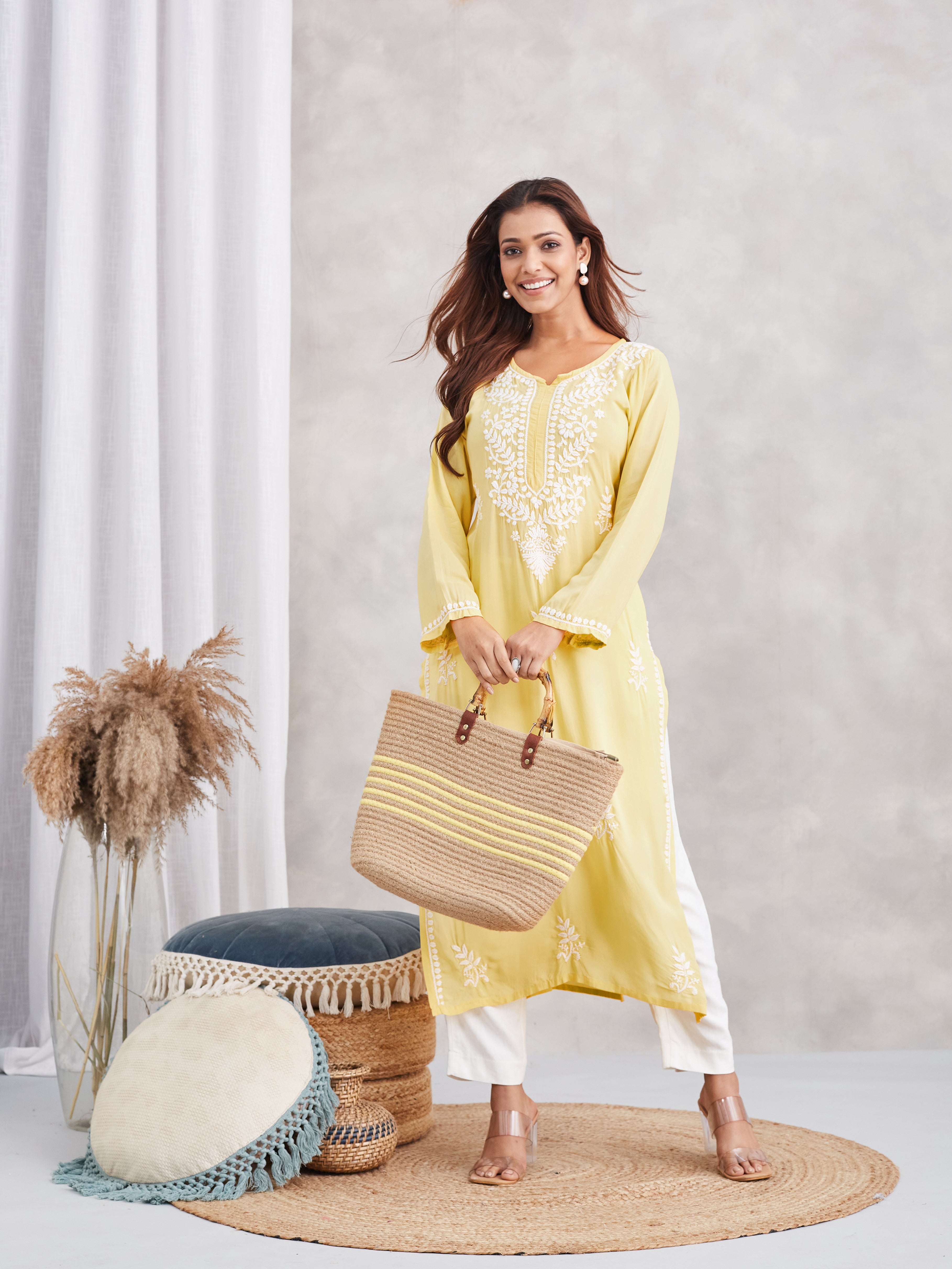 soft modal chikankari kurta with white embroidery- lemon yellow