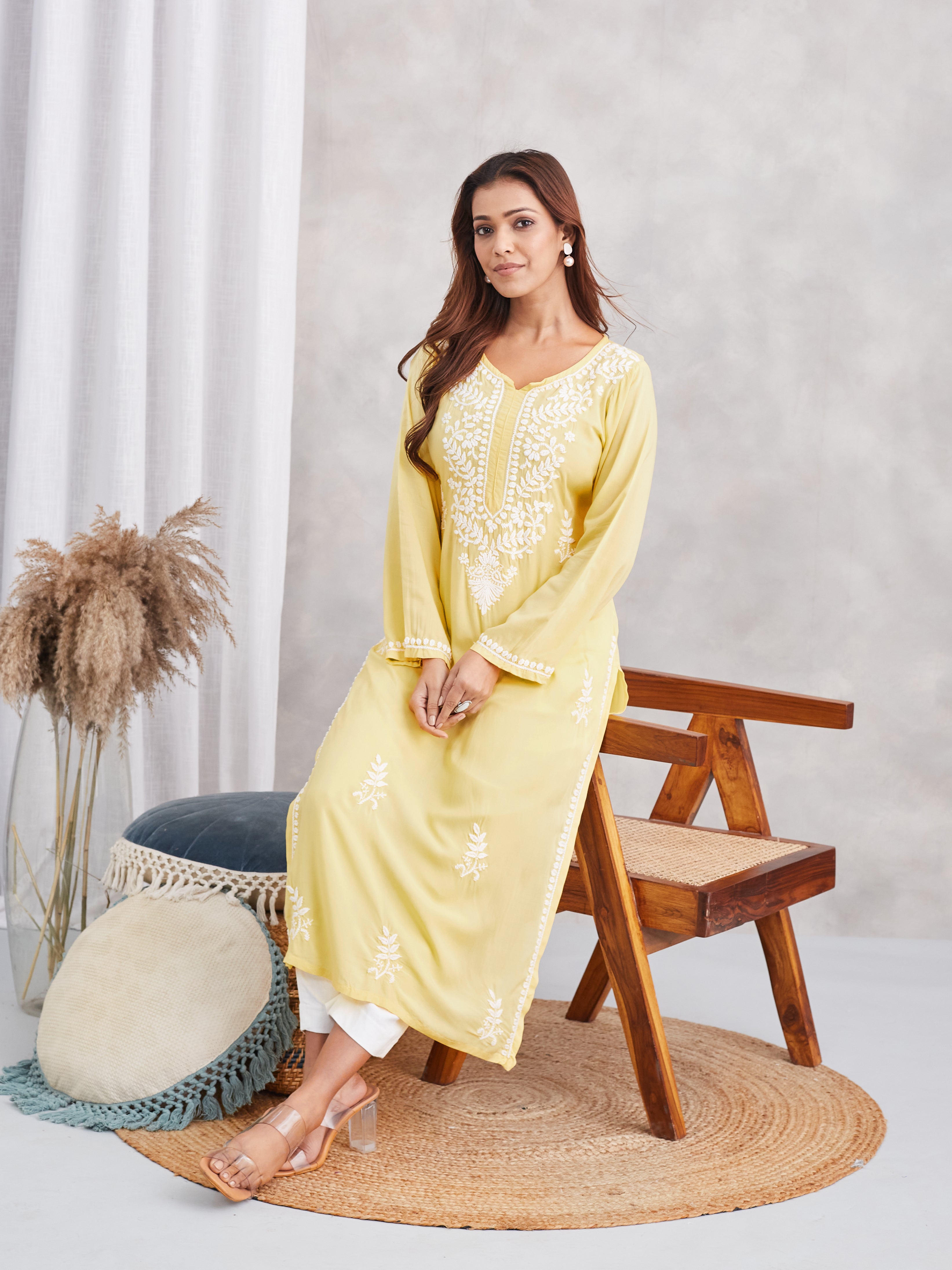 soft modal chikankari kurta with white embroidery- lemon yellow
