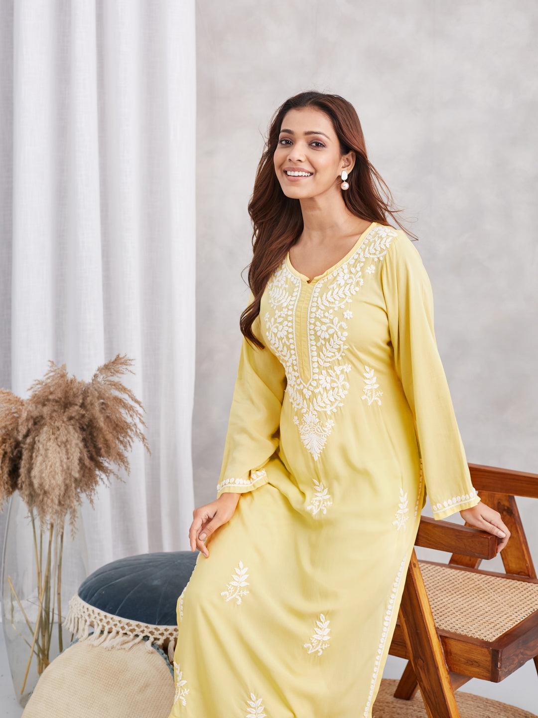 soft modal chikankari kurta with white embroidery