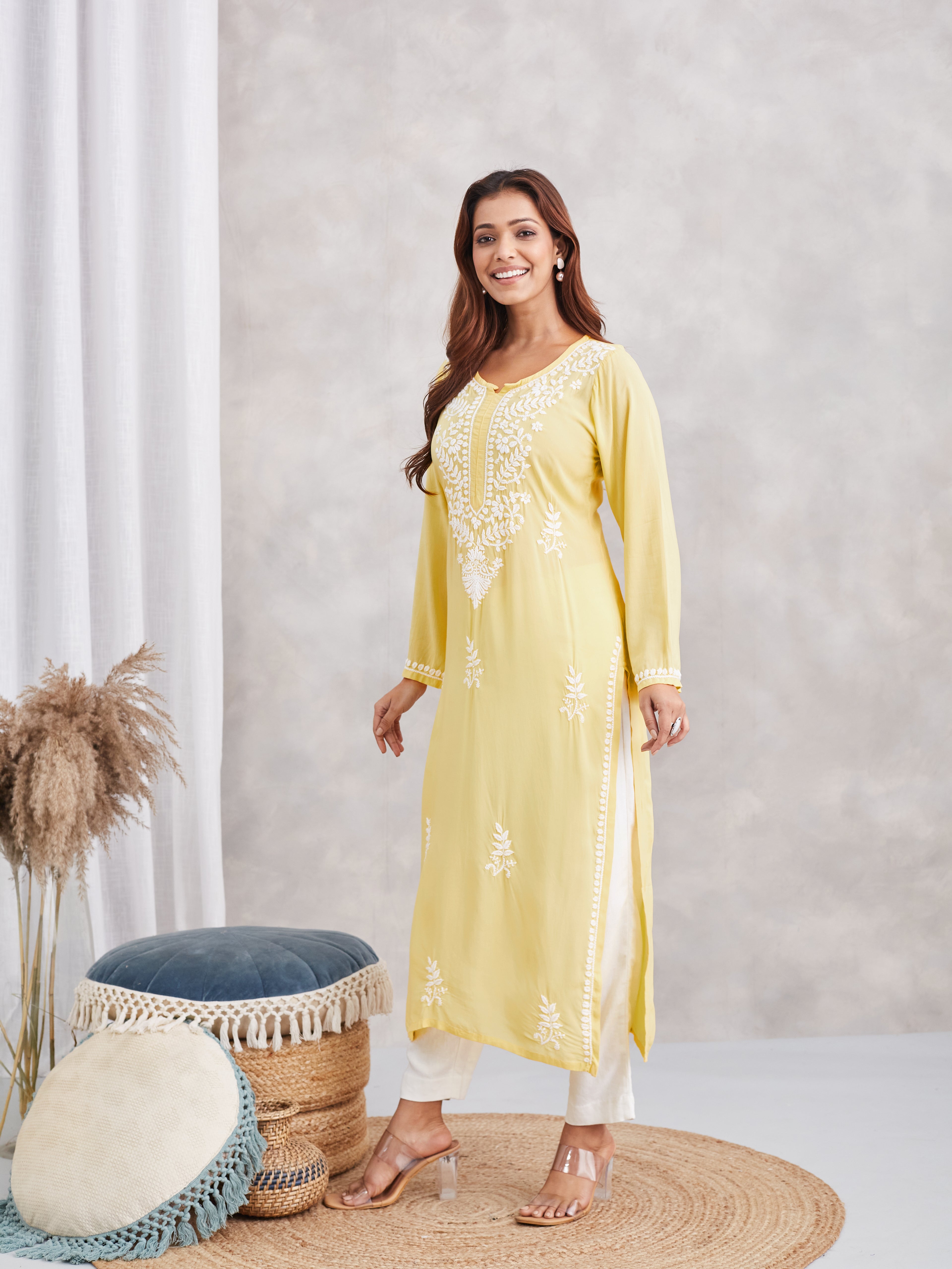 soft modal chikankari kurta with white embroidery- lemon yellow