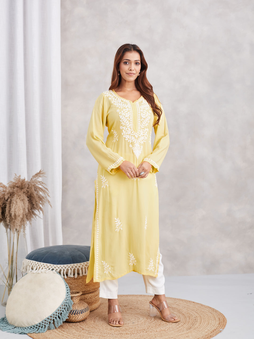 soft modal chikankari kurta with white embroidery
