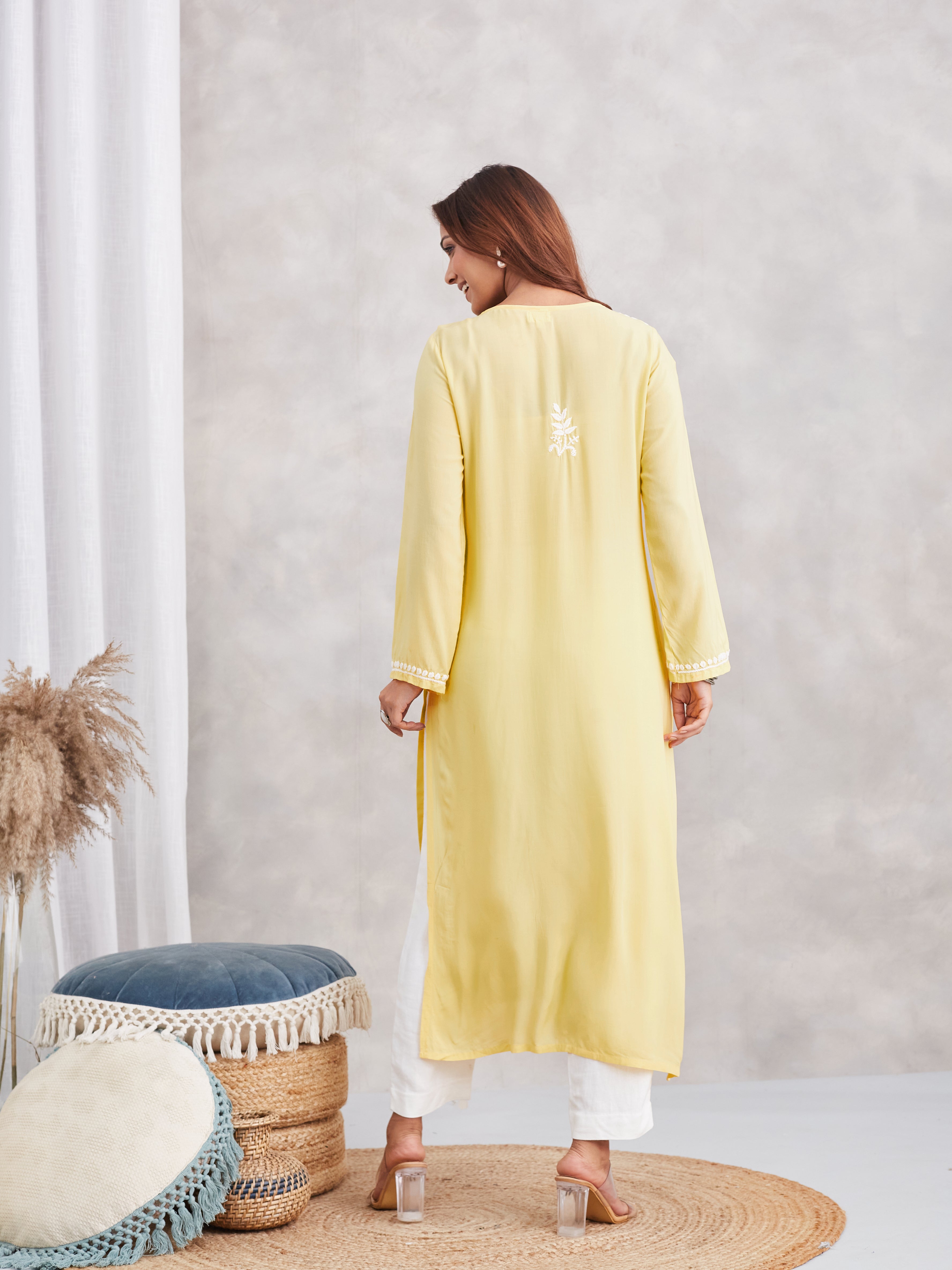 soft modal chikankari kurta with white embroidery- lemon yellow
