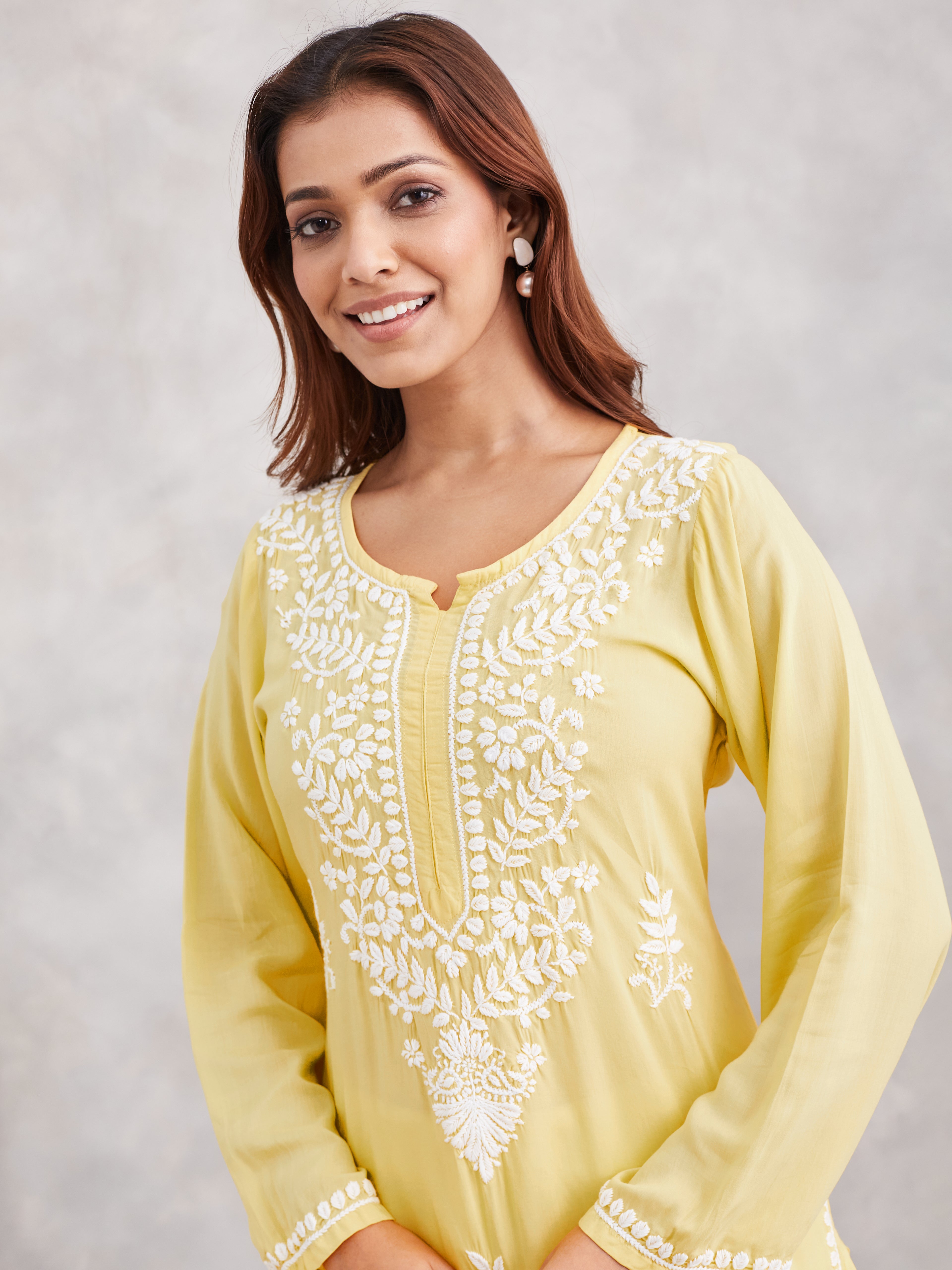 soft modal chikankari kurta with white embroidery- lemon yellow