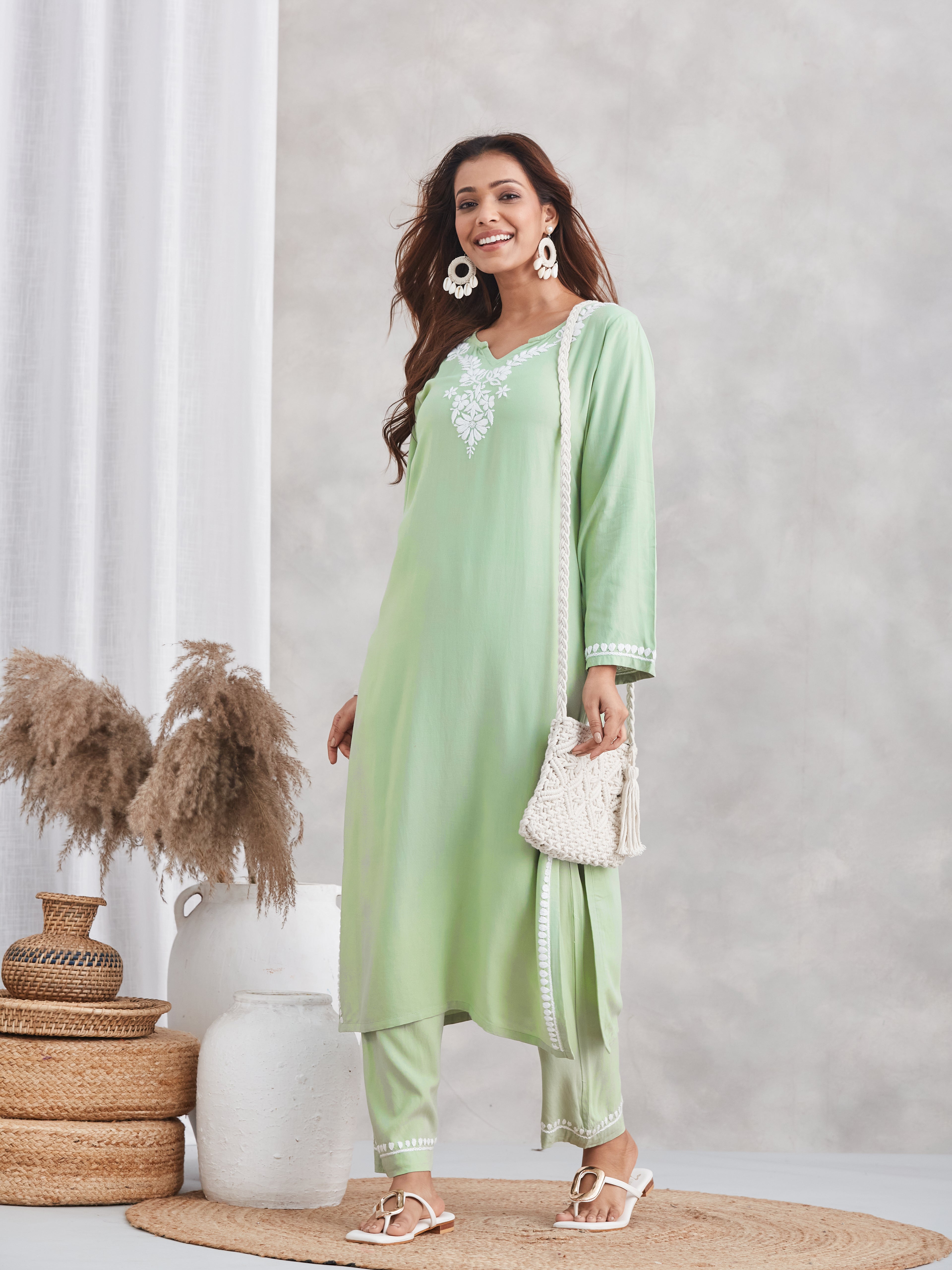 Lux Rayon Chikankari Kurta Set - Sage Green