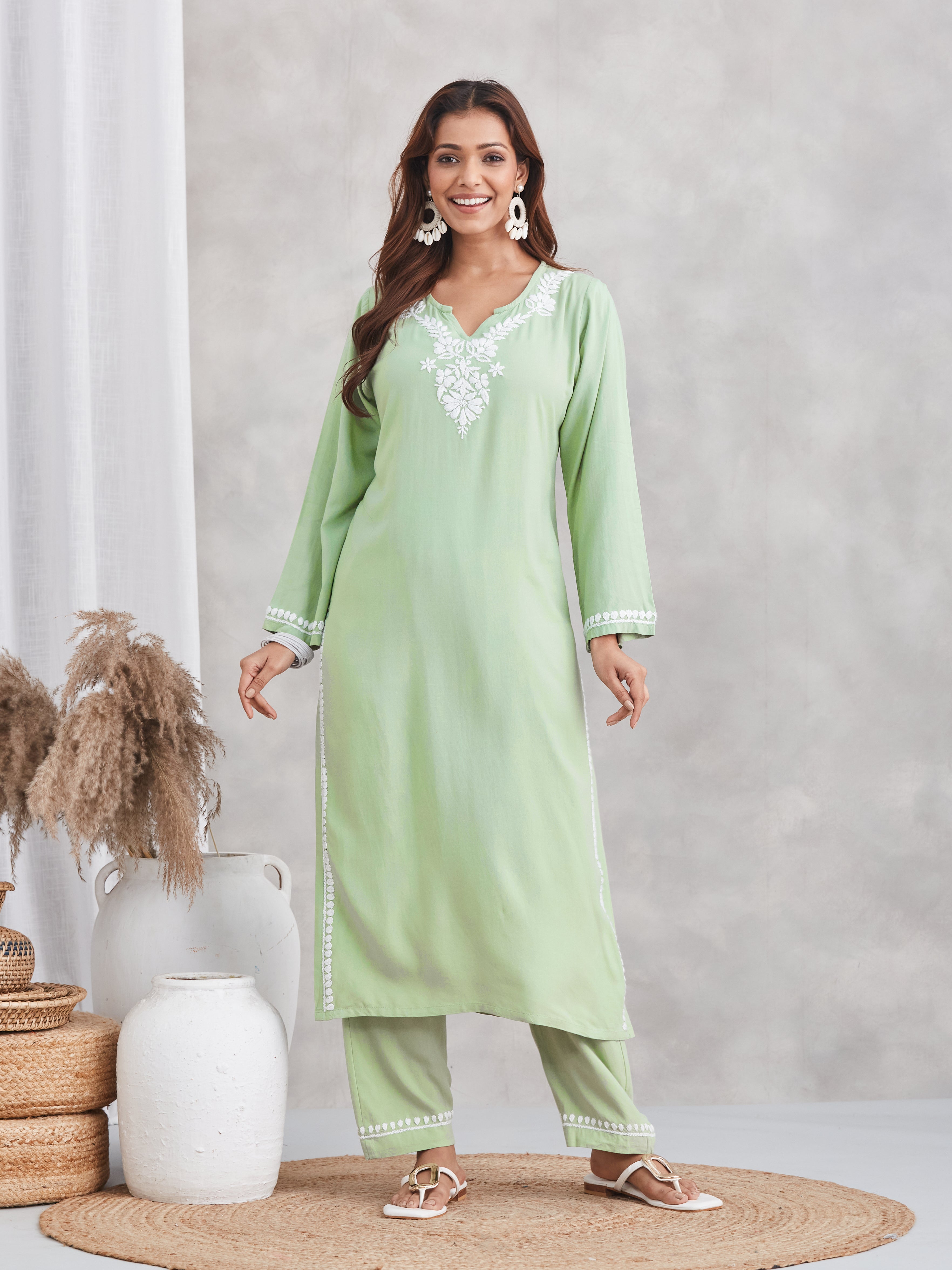 Lux Rayon Chikankari Kurta Set - Sage Green