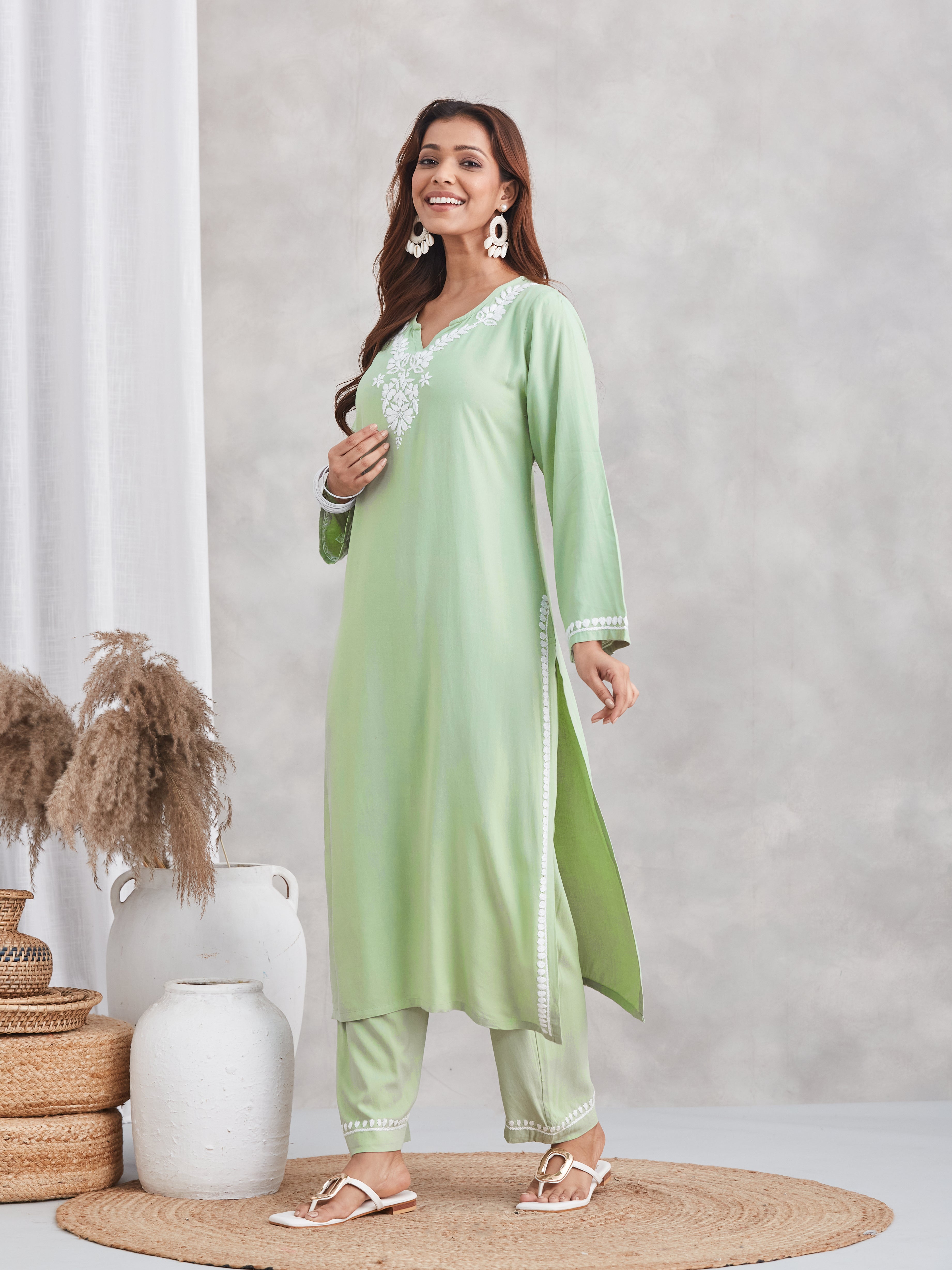 Lux Rayon Chikankari Kurta Set - Sage Green