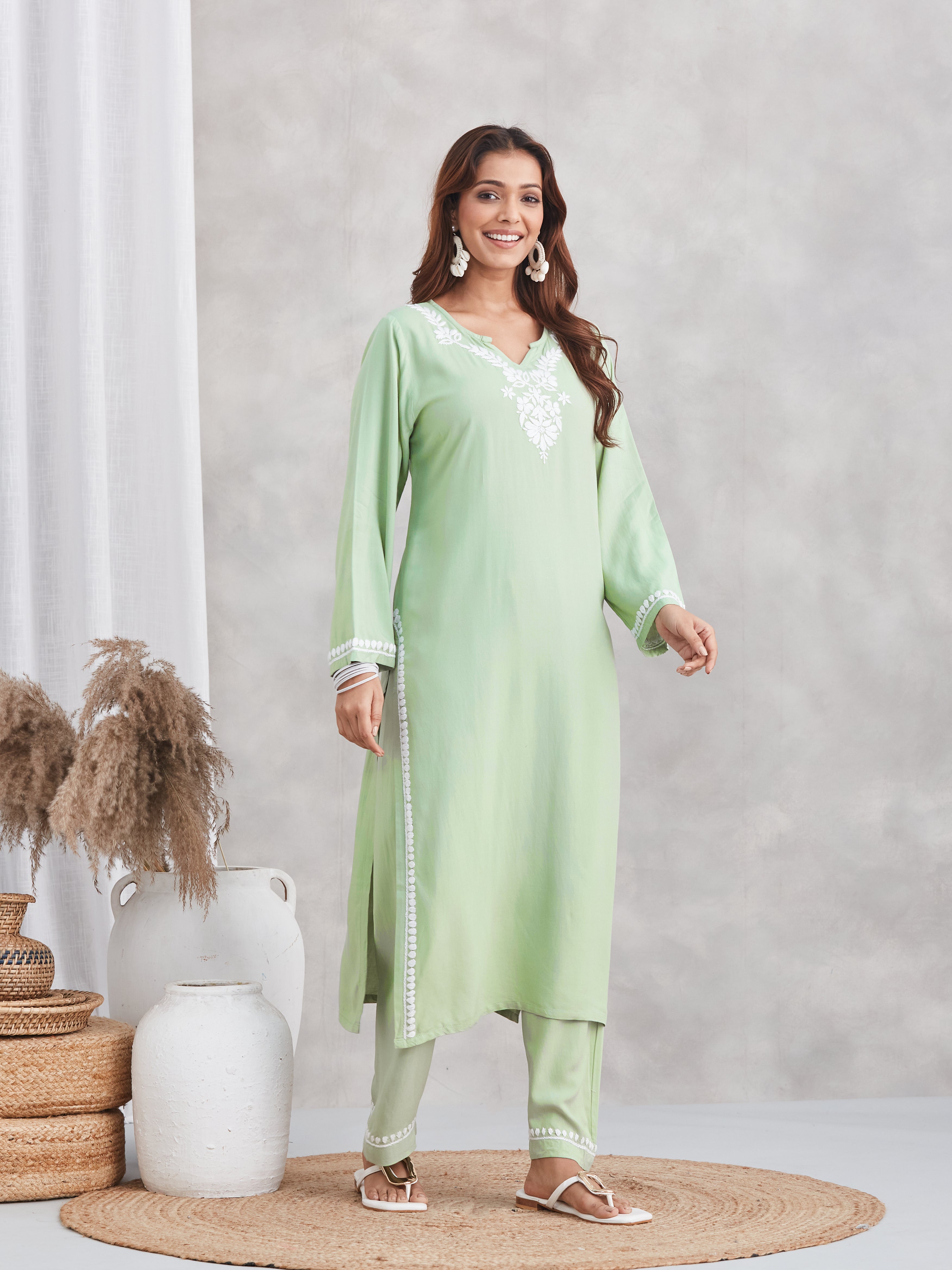 Lux Rayon Chikankari Kurta Set - Sage Green