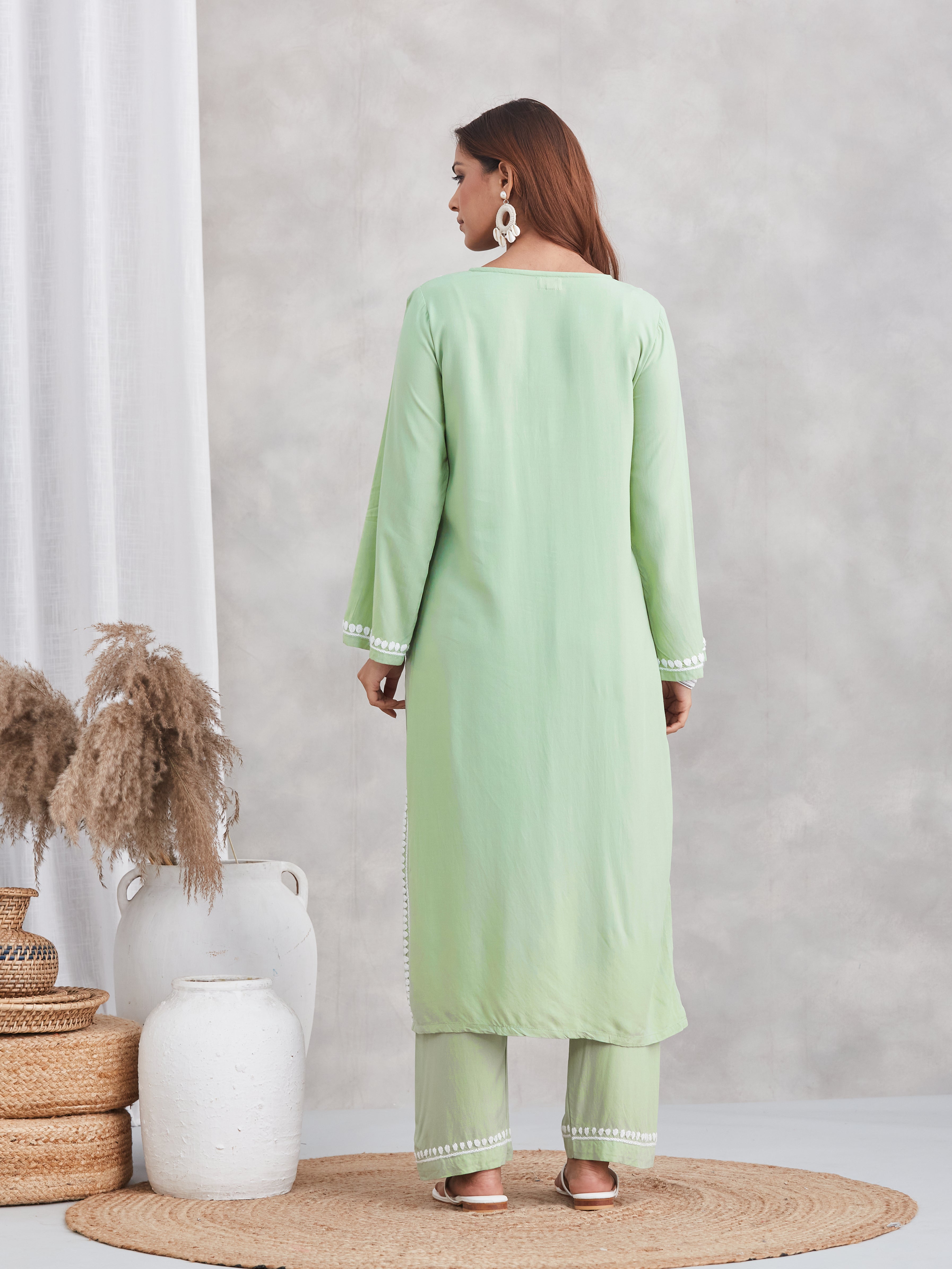 Lux Rayon Chikankari Kurta Set - Sage Green