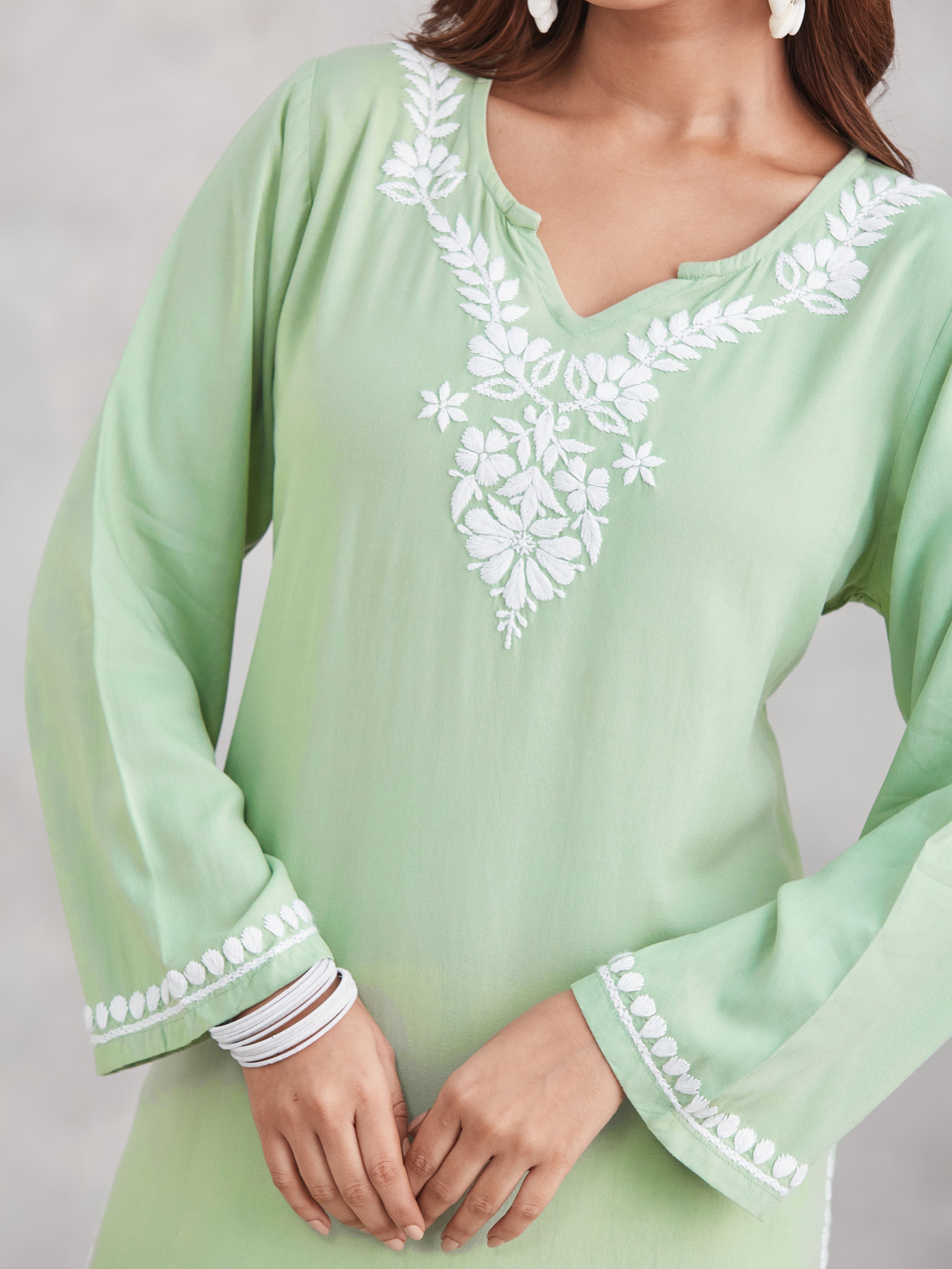 Lux Rayon Chikankari Kurta Set - Sage Green