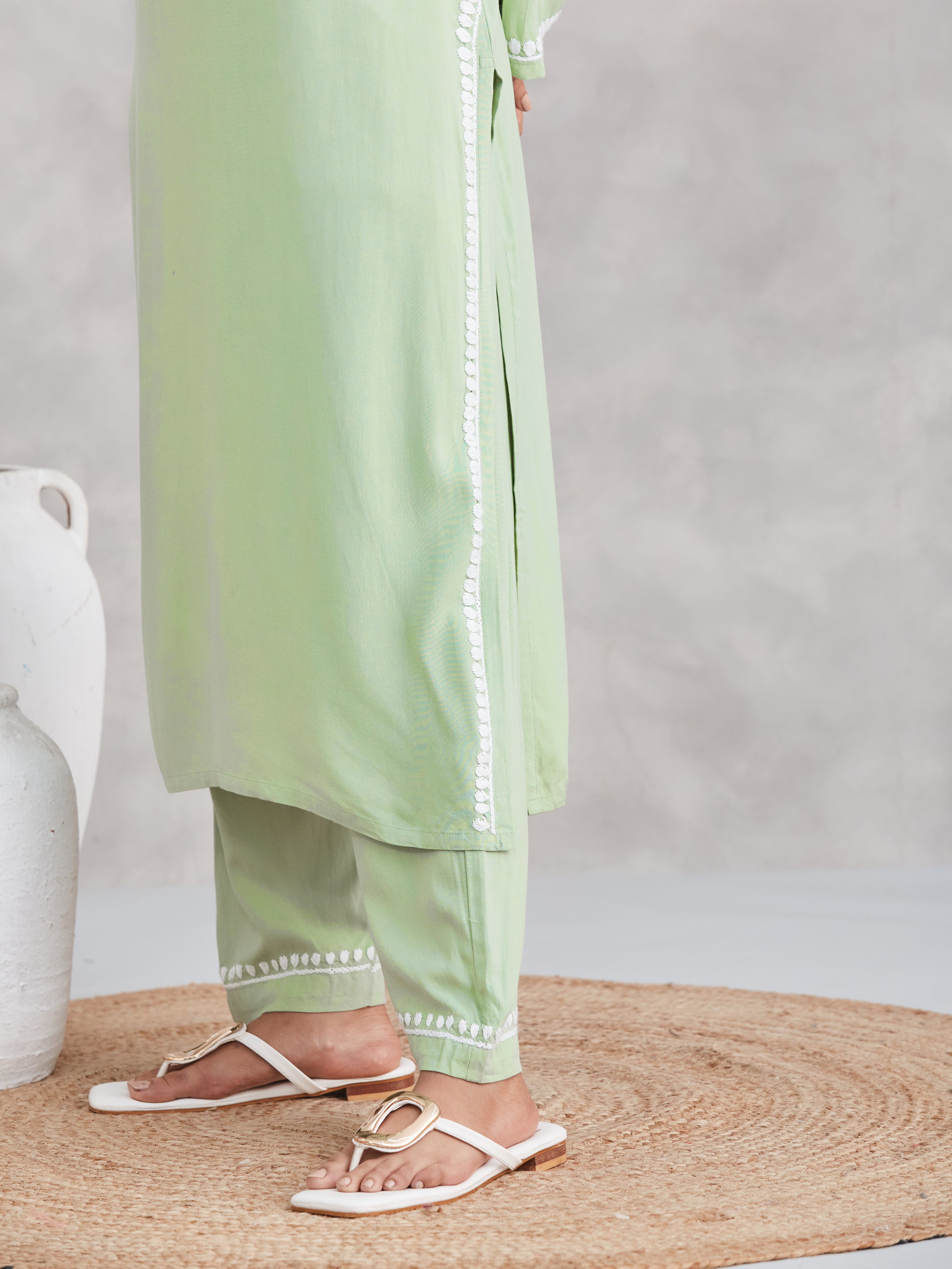 Lux Rayon Chikankari Kurta Set - Sage Green