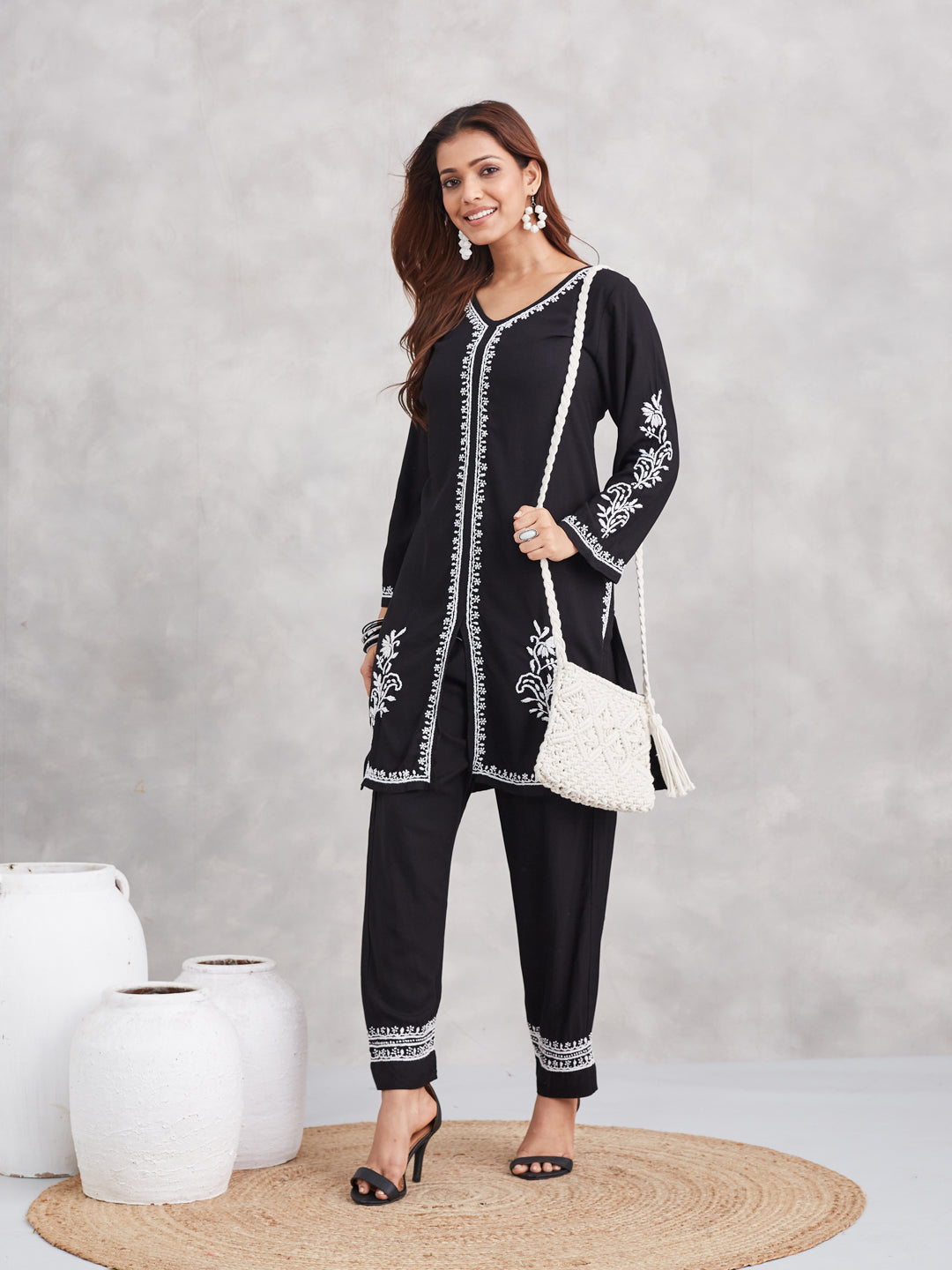 Lux Rayon Chikankari Kurta Co-ord Set - Black