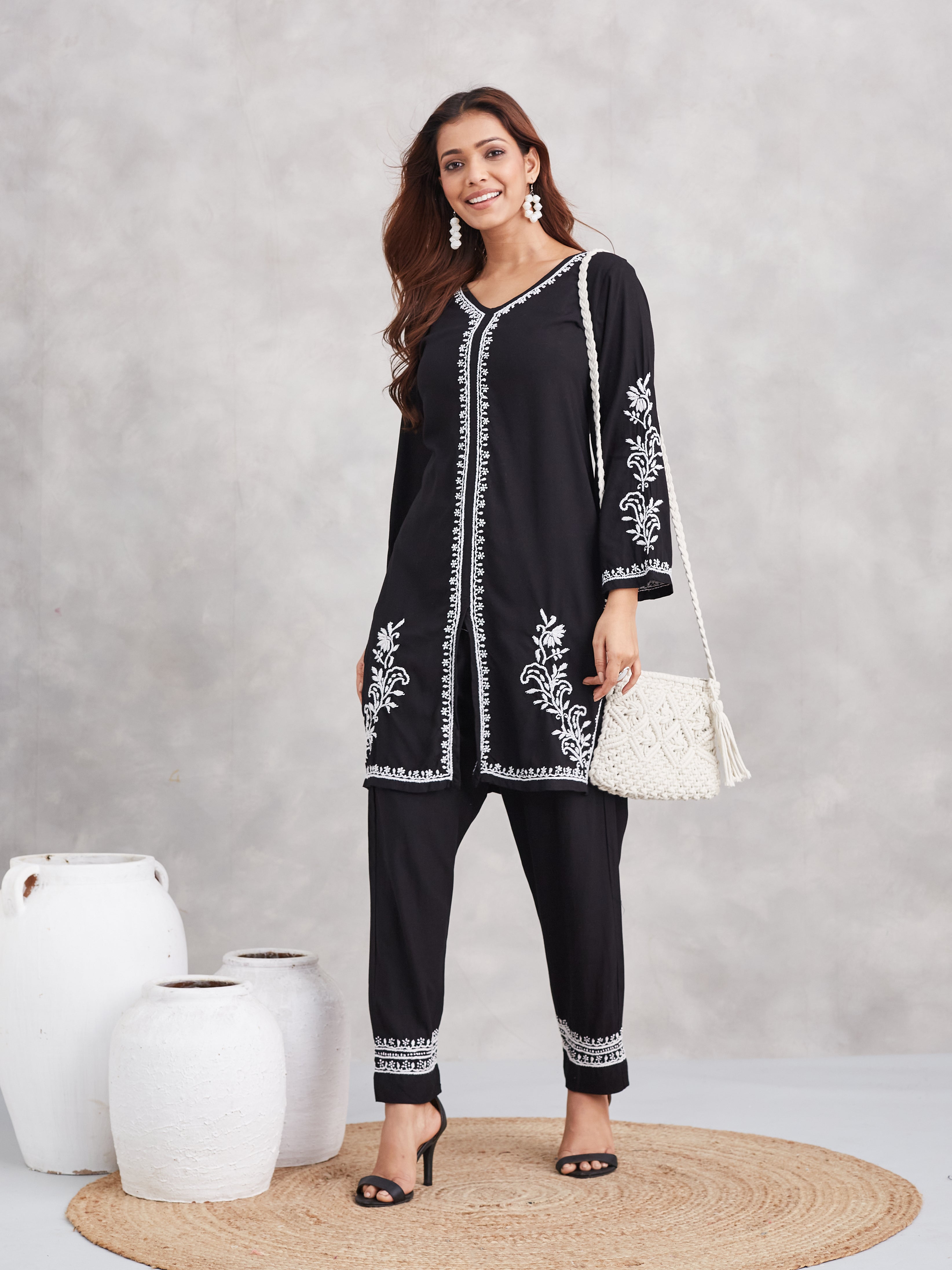 Lux Rayon Chikankari Kurta Co-ord Set - Black