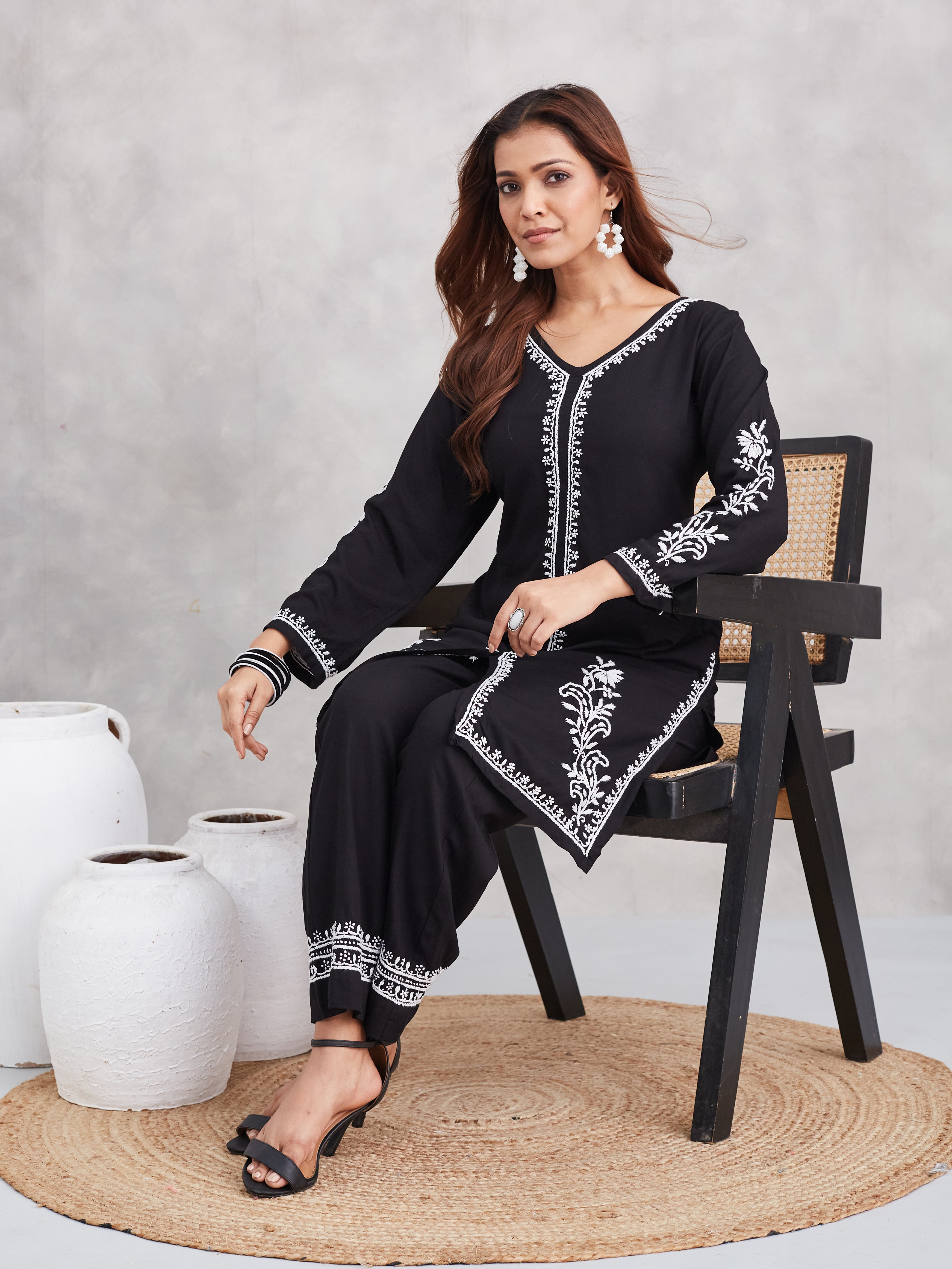 Lux Rayon Chikankari Kurta Co-ord Set - Black