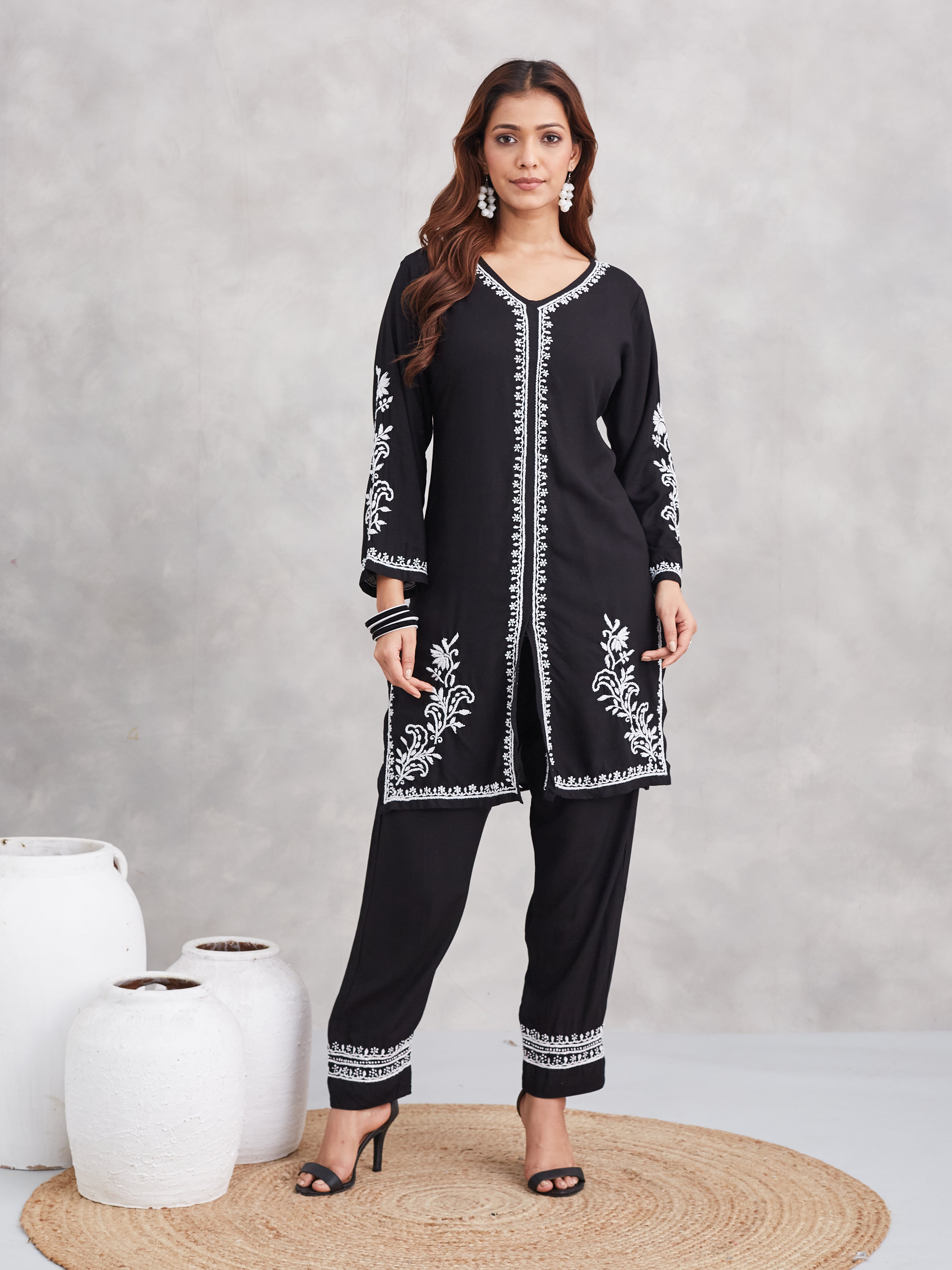 Lux Rayon Chikankari Kurta Co-ord Set - Black
