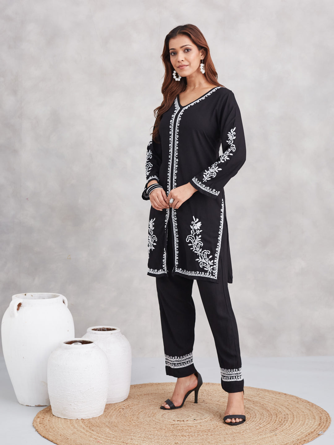 Lux Rayon Chikankari Kurta Co-ord Set - Black