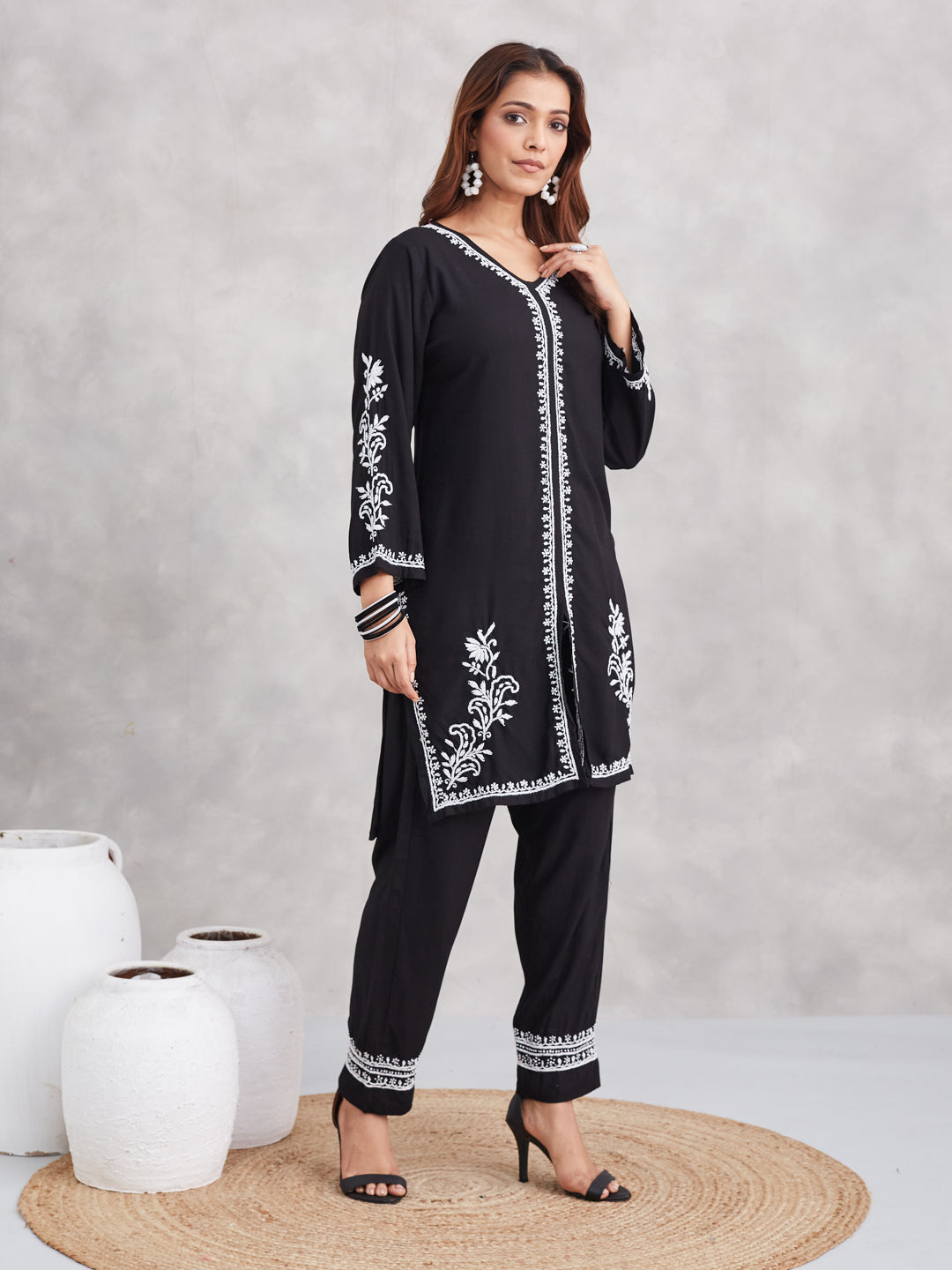 Lux Rayon Chikankari Kurta Co-ord Set - Black