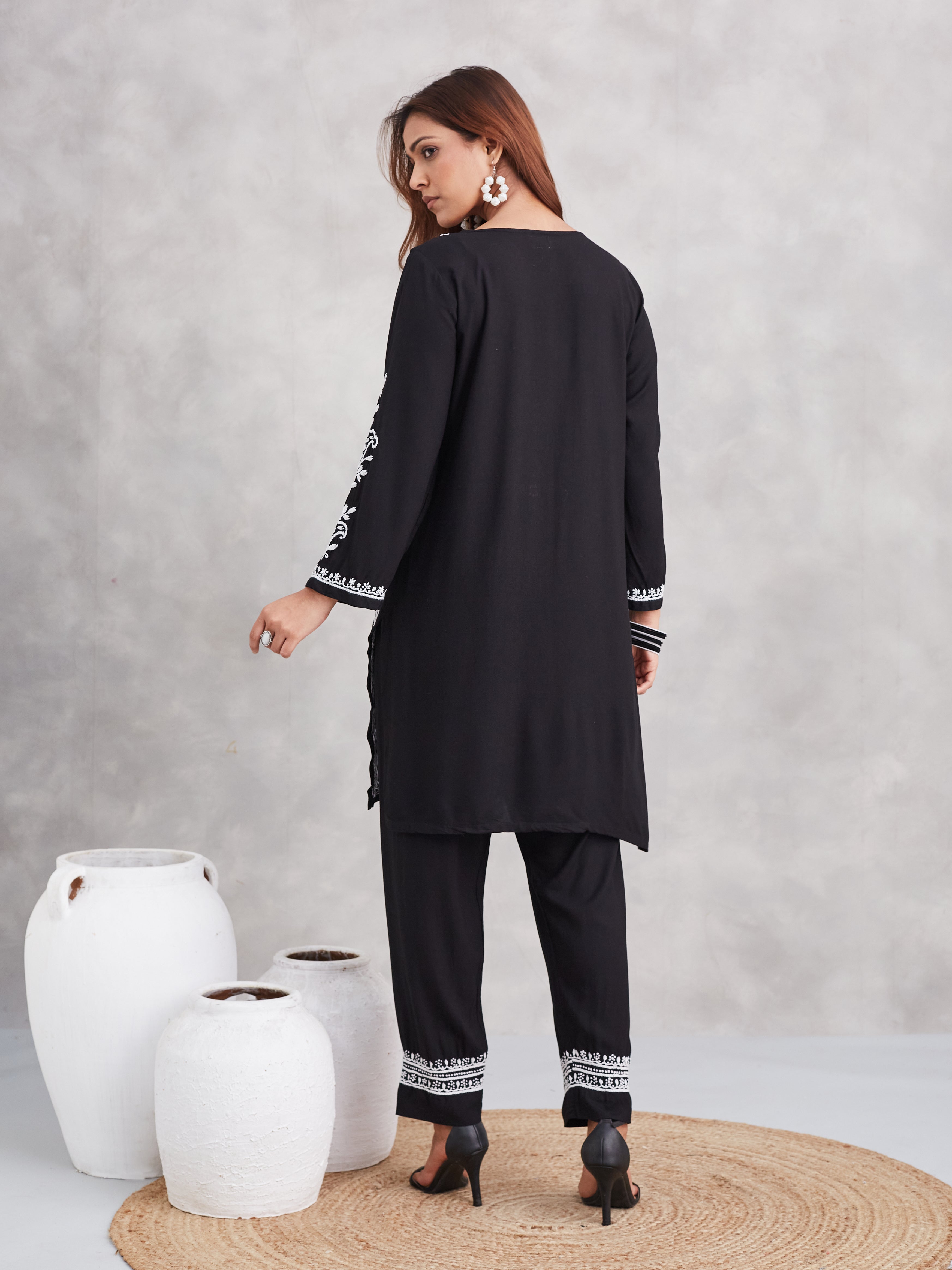 Lux Rayon Chikankari Kurta Co-ord Set - Black