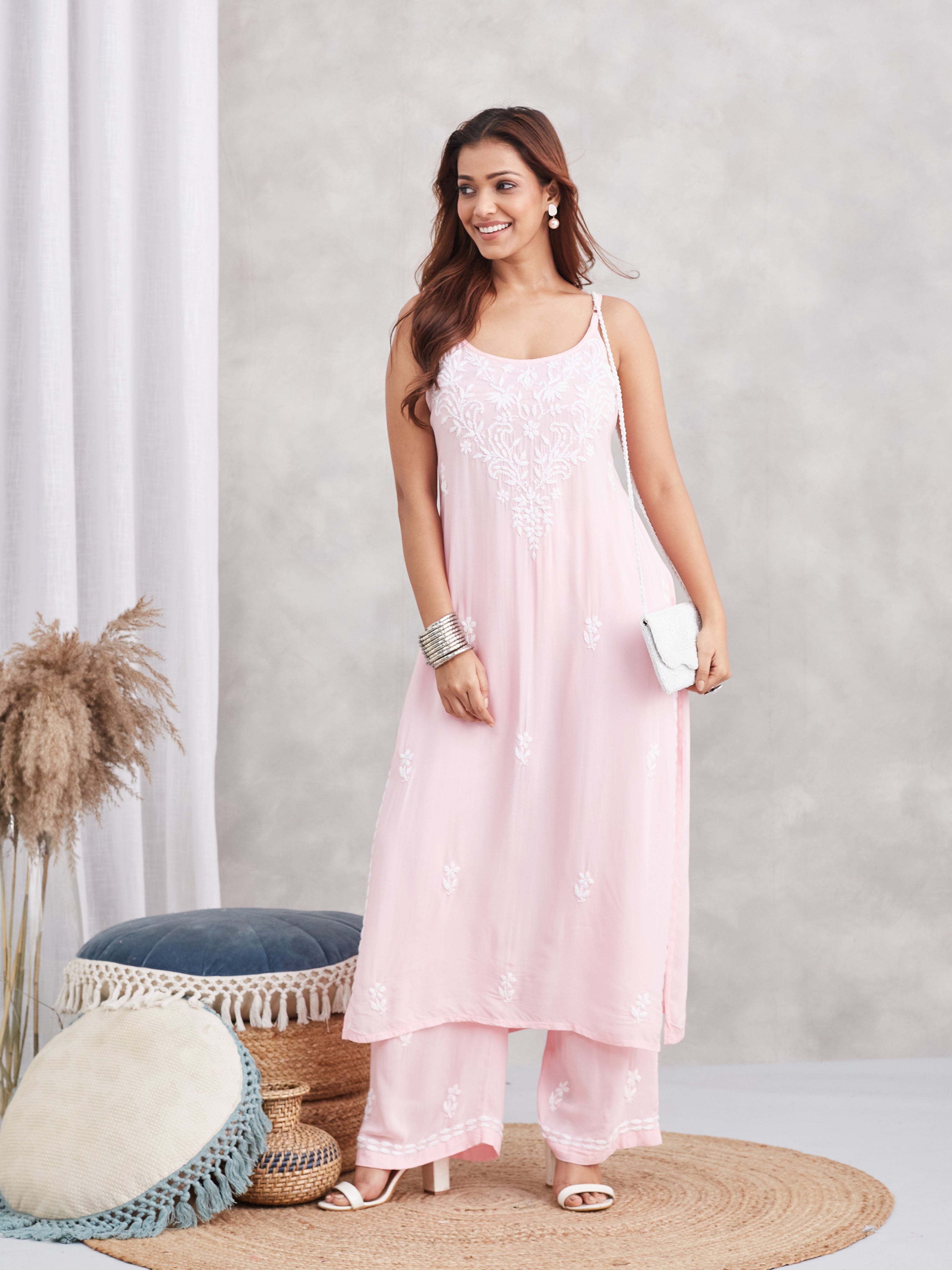 Modal Strappy Chikankari Kurta & Palazzo Set - Pastel Pink