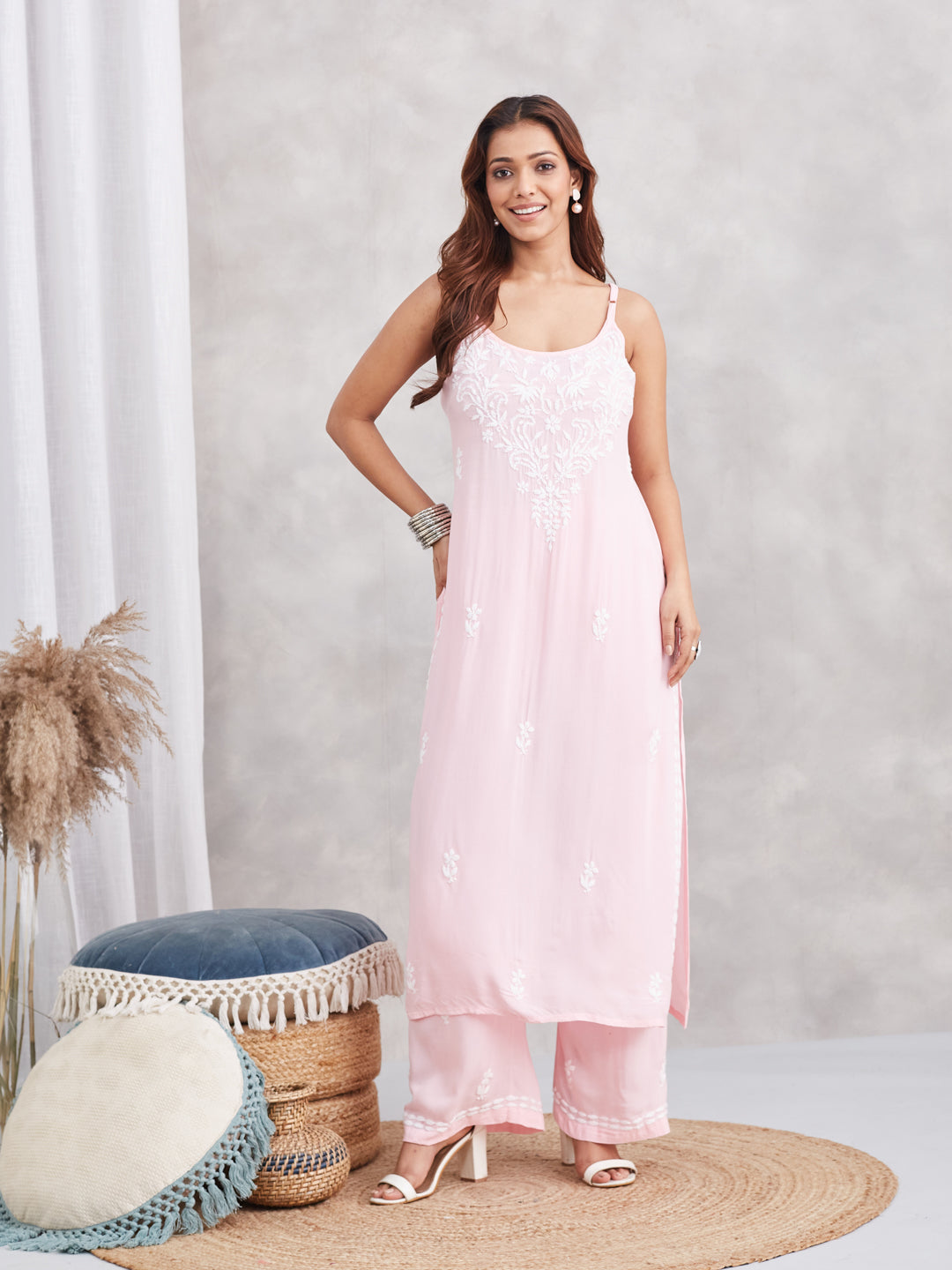 Modal Strappy Chikankari Kurta & Palazzo Set - Pastel Pink