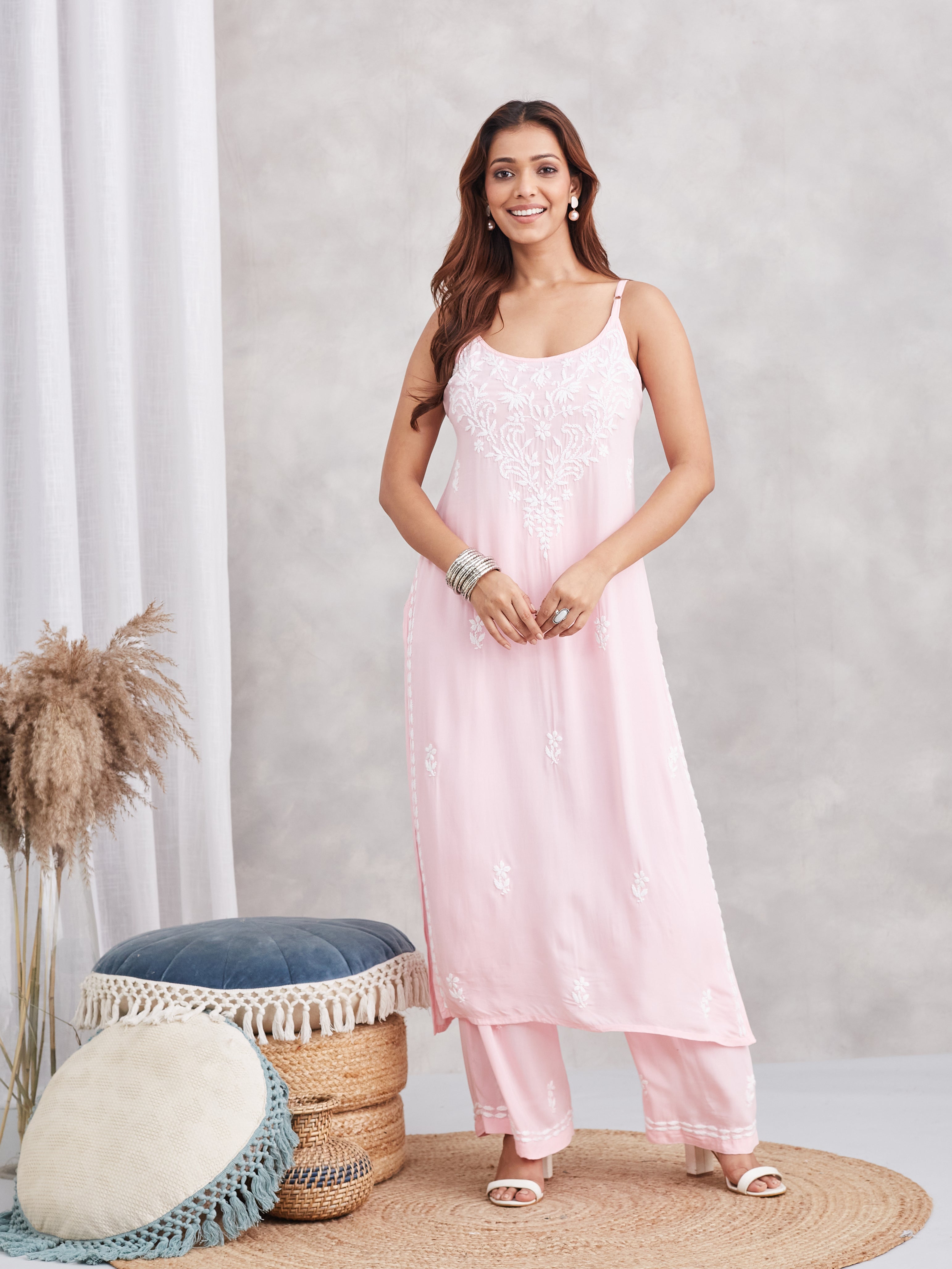Modal Strappy Chikankari Kurta & Palazzo Set - Pastel Pink