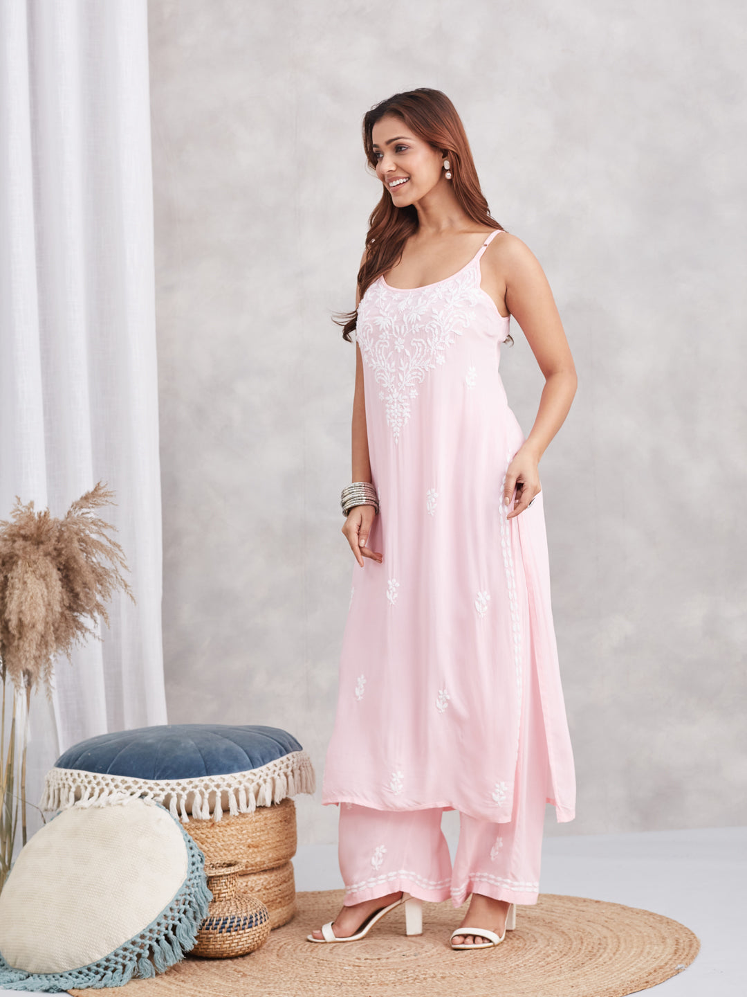 Modal Strappy Chikankari Kurta & Palazzo Set - Pastel Pink