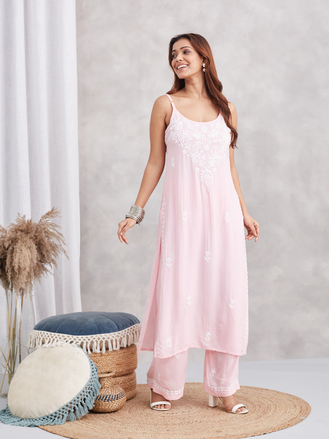 Modal Strappy Chikankari Kurta & Palazzo Set - Pastel Pink
