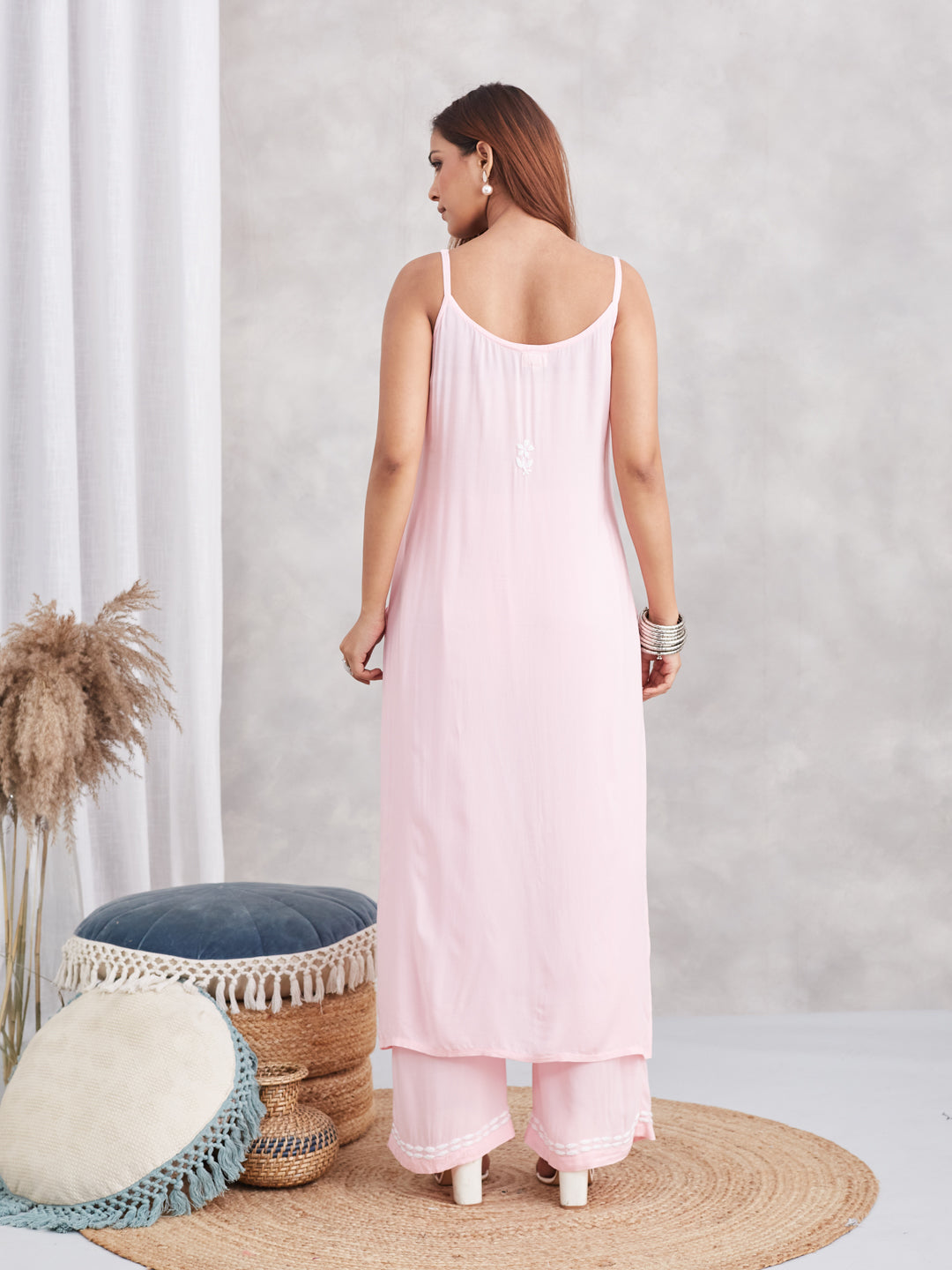 Modal Strappy Chikankari Kurta & Palazzo Set - Pastel Pink
