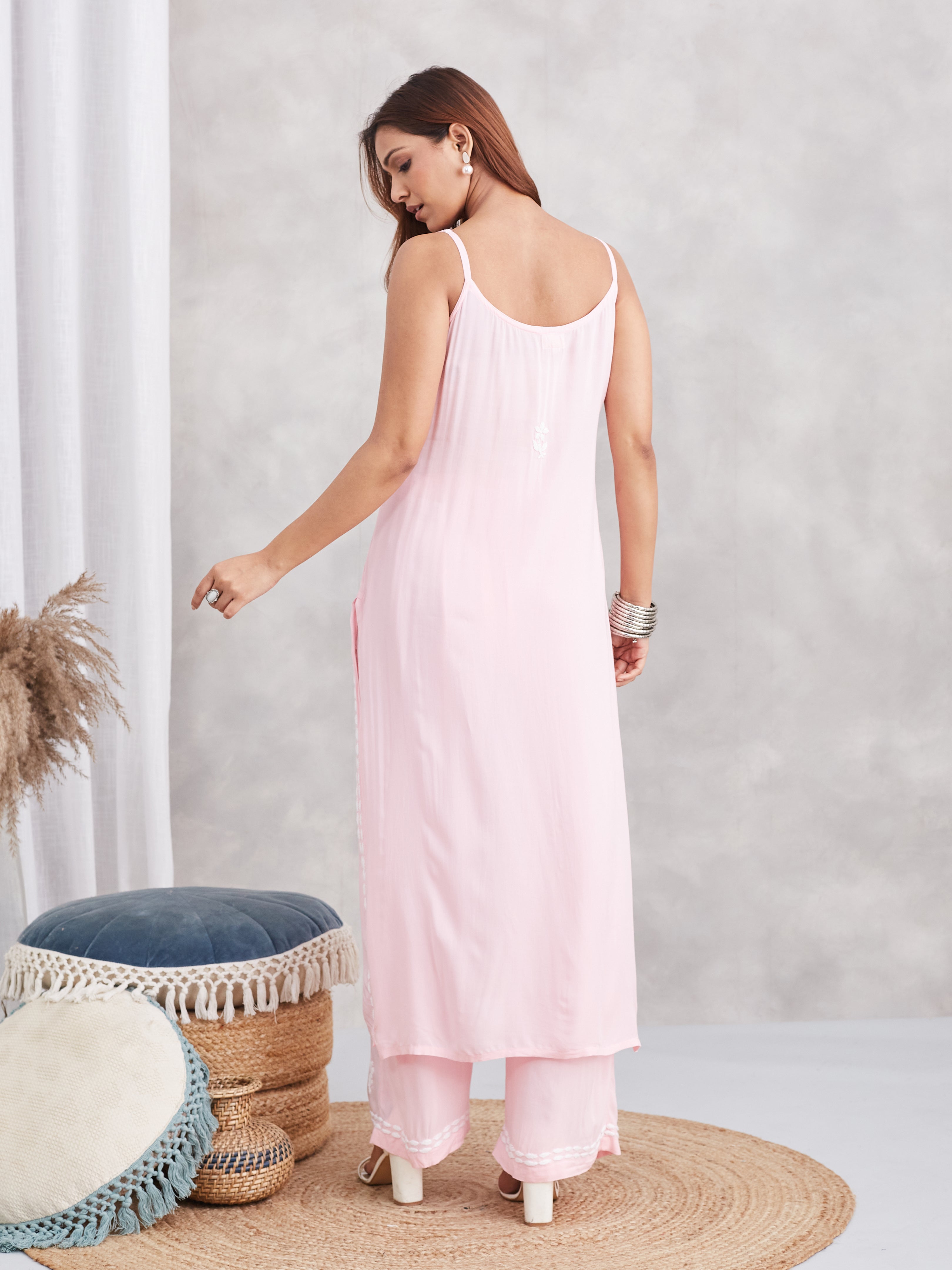 Modal Strappy Chikankari Kurta & Palazzo Set - Pastel Pink