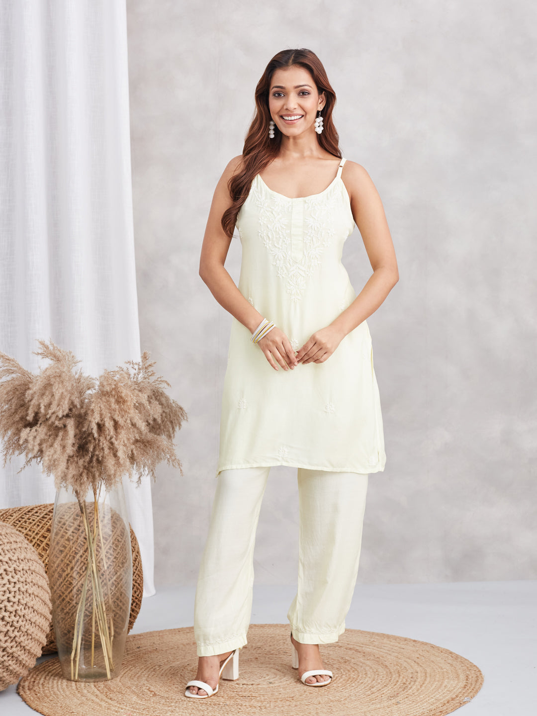 Muslin Strappy Chikankari Kurta Pant Set - Pastel Yellow