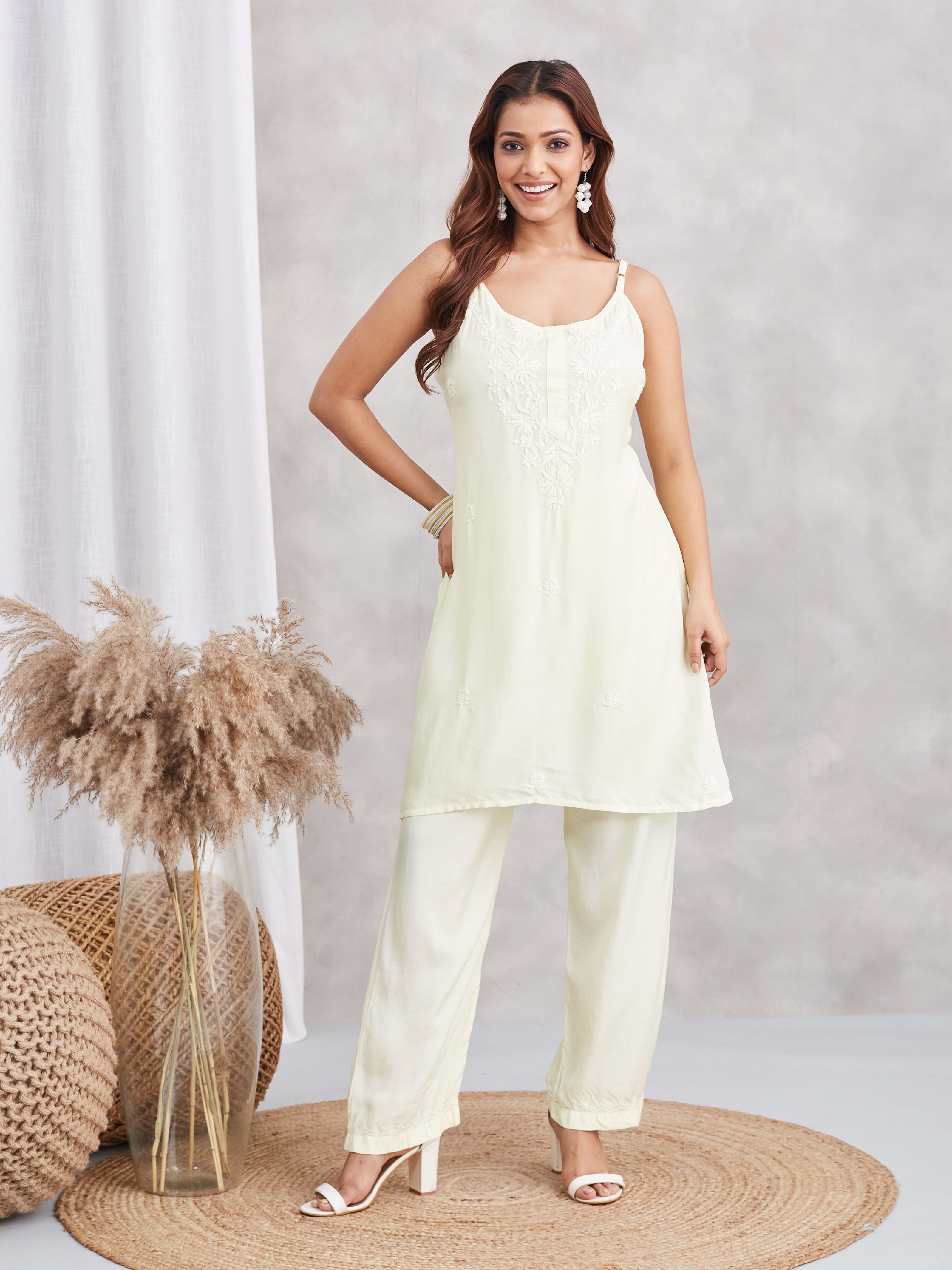 Muslin Strappy Chikankari Kurta Pant Set - Pastel Yellow