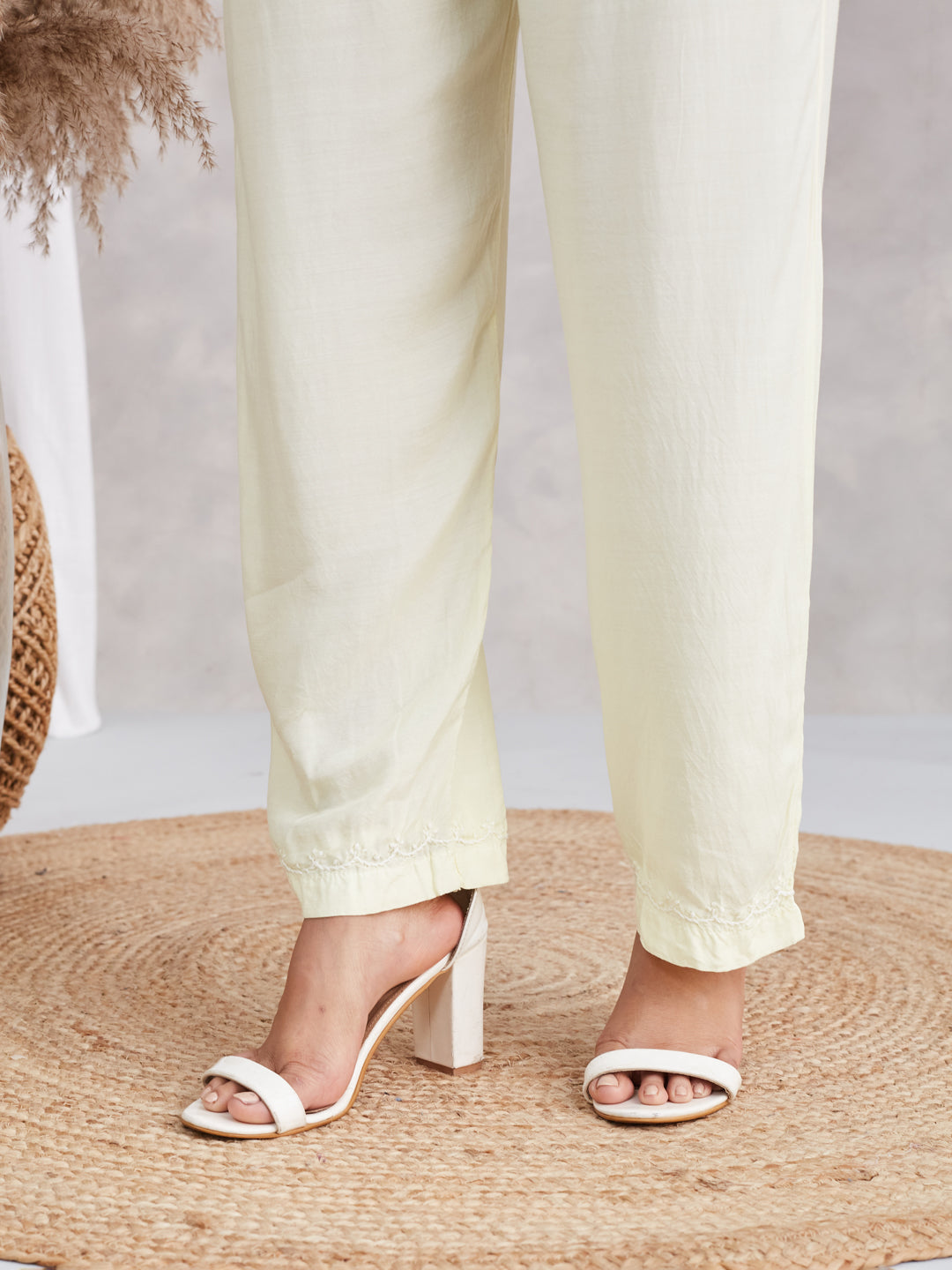 Muslin Strappy Chikankari Kurta Pant Set - Pastel Yellow