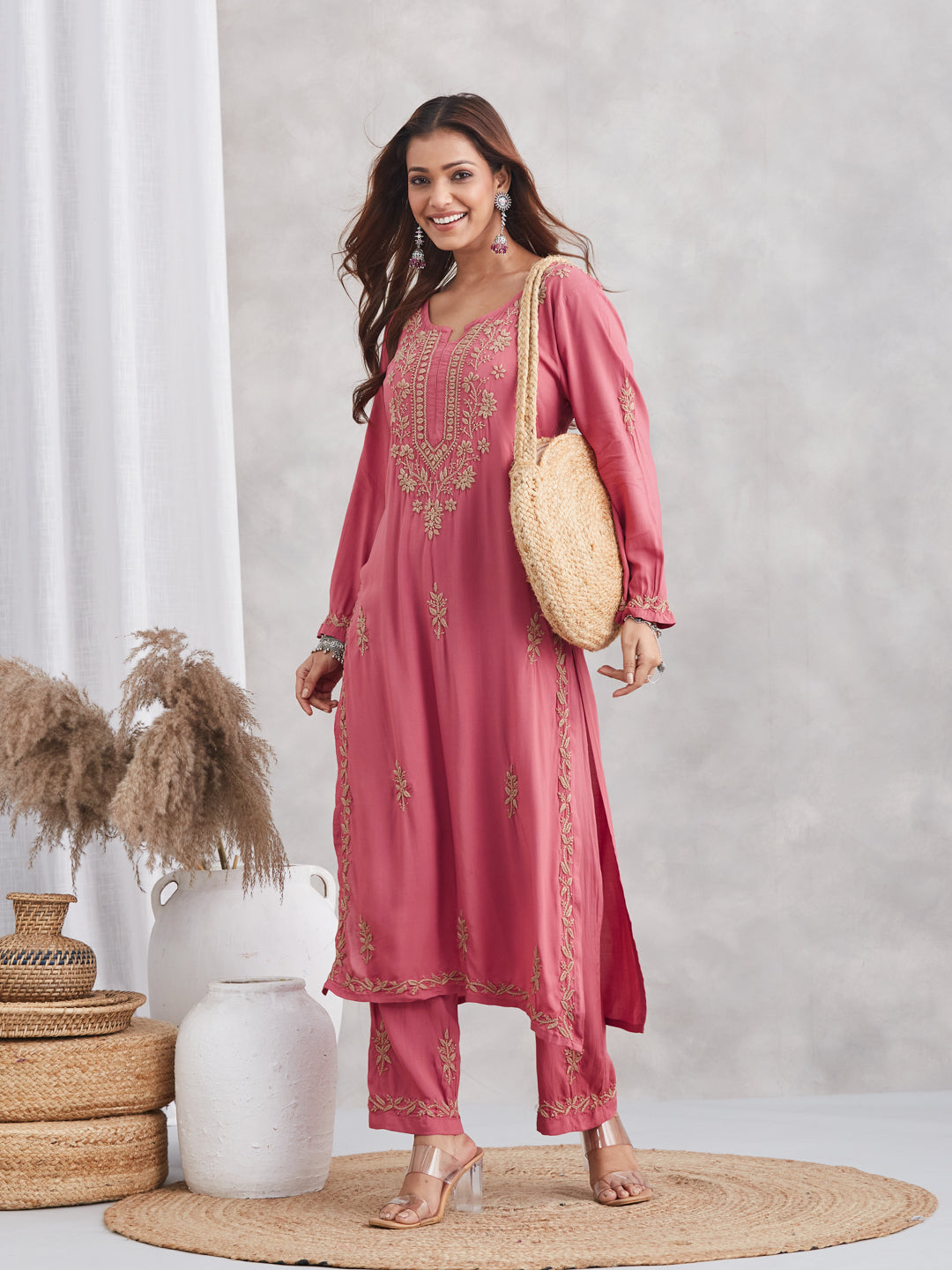 Modal Chikankari Gold embroidered Kurta Set - Rust