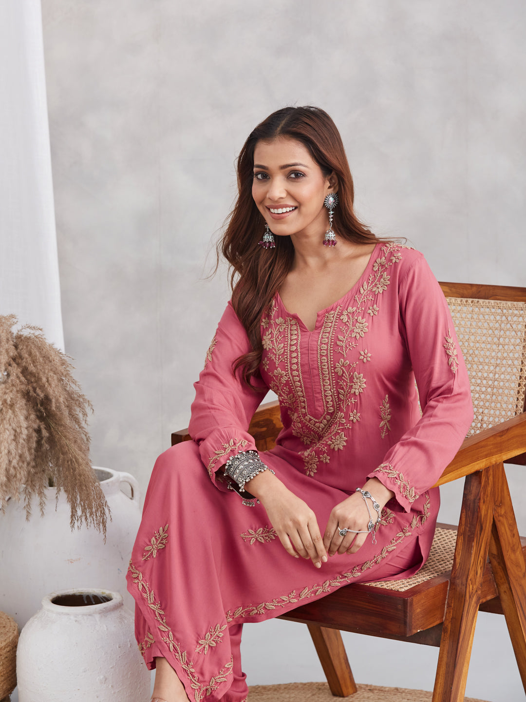 Modal Chikankari Gold embroidered Kurta Set - Rust