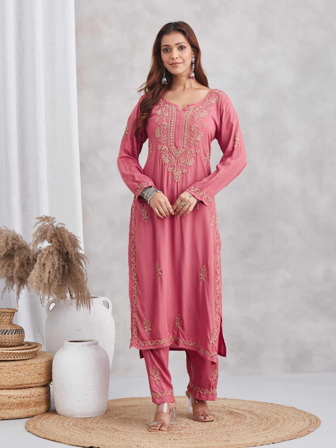 Modal Chikankari Gold embroidered Kurta Set - Rust