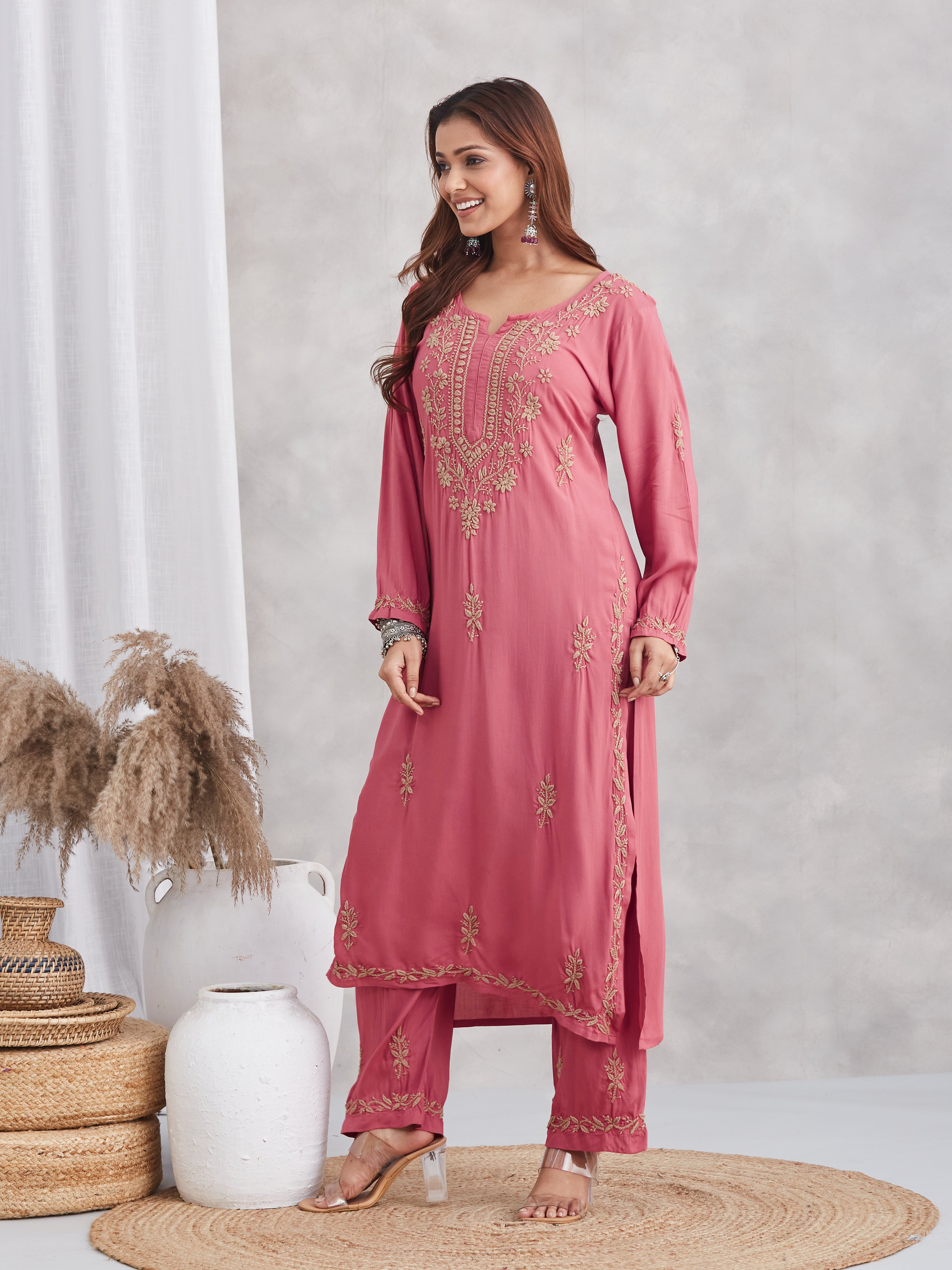 Modal Chikankari Gold embroidered Kurta Set - Rust